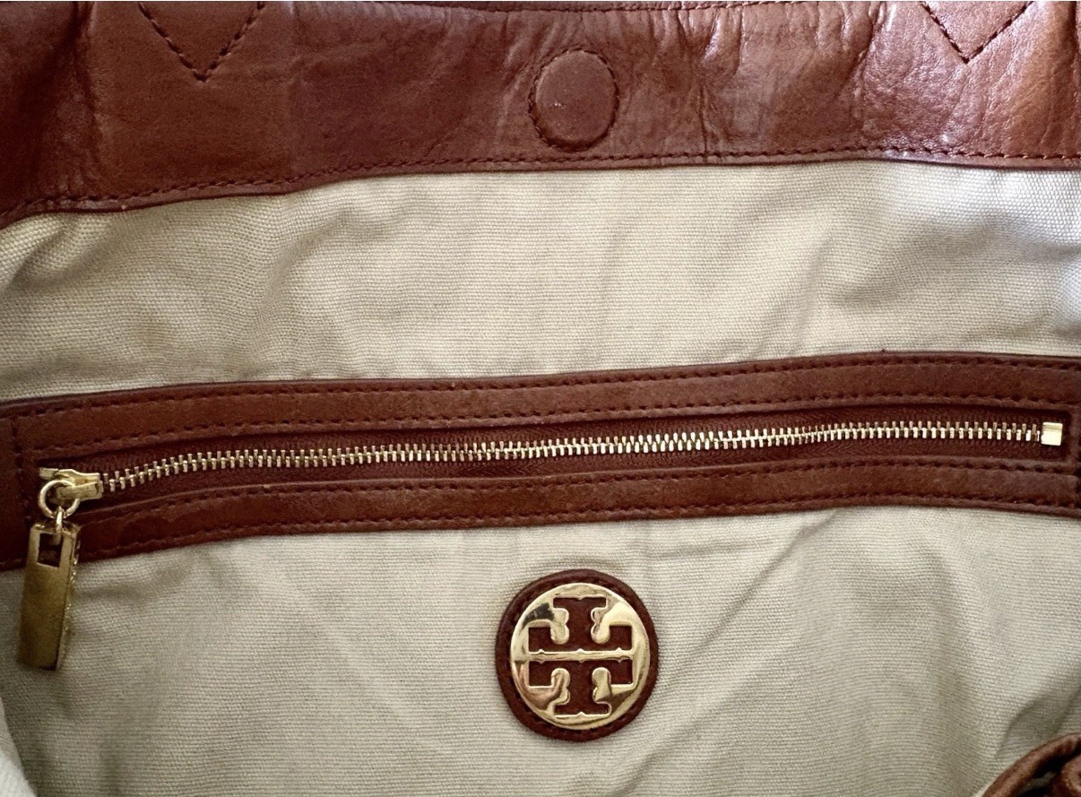 TORY BURCH Brown Leather & Charcoal Gray Flannel Wool Felt Tote Bag Purse