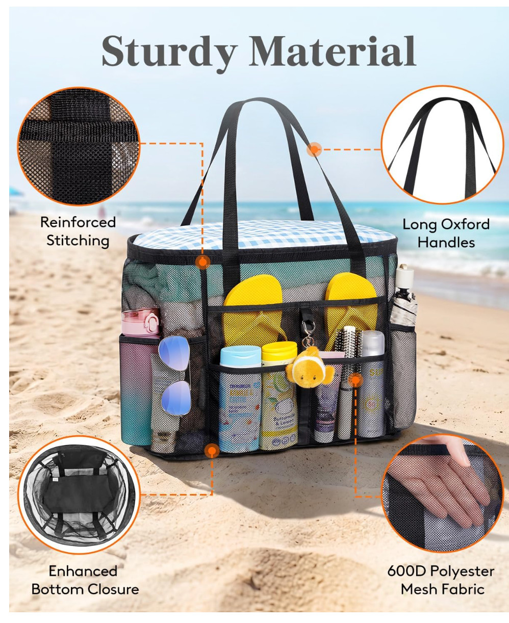 Mesh Beach Bag, Large Travel Tote with 8 Pockets, Quick-Drying Family Pool Swim