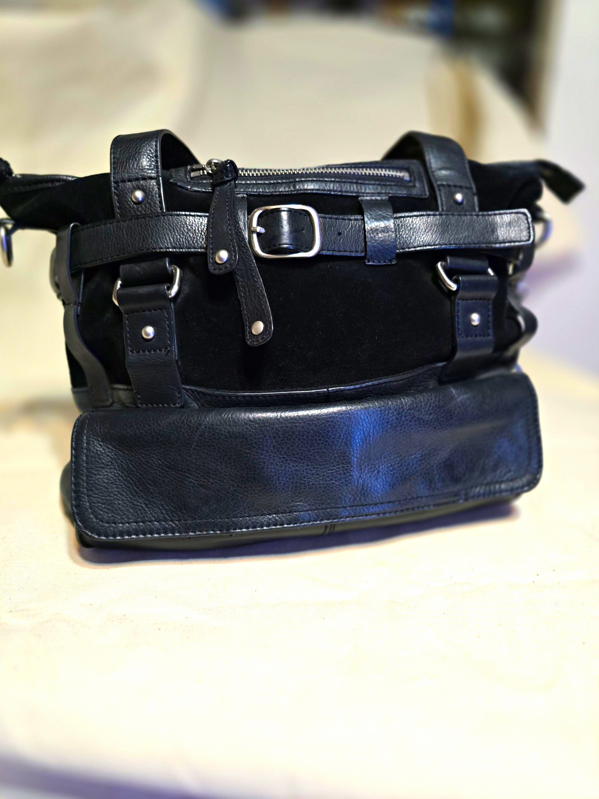Audrey Brooke Black Pebbled Satchel Top Handle Silver Hardware Zip Detach Strap