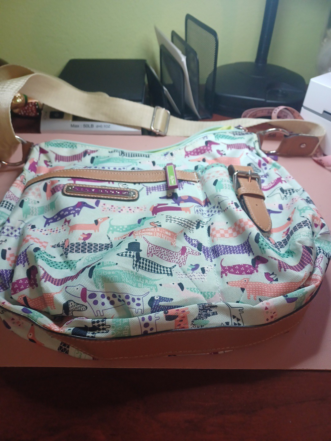 Lily Bloom Dachshund Hobo Bag Mint Green , Purple Tags Adjustable Straps