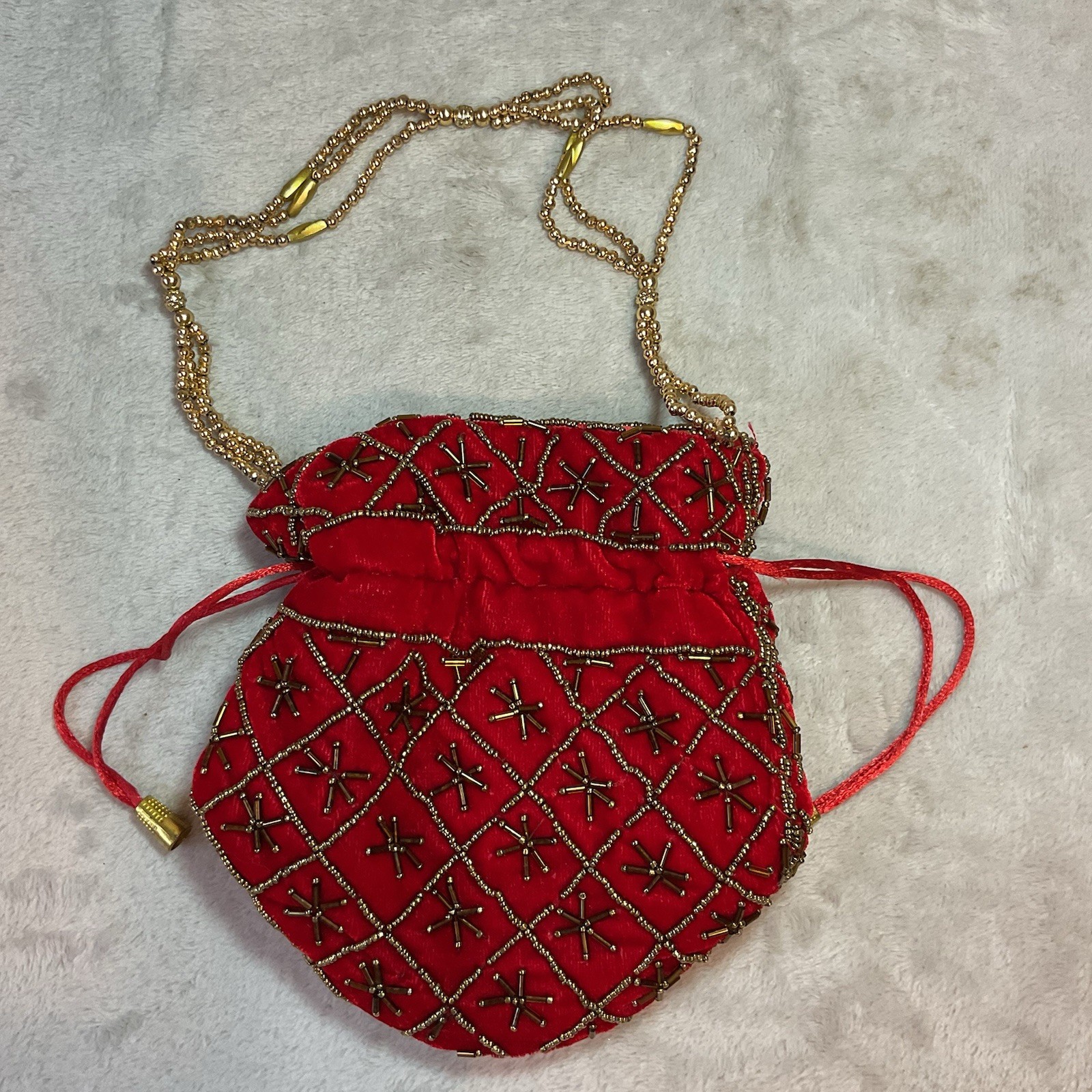 Beaded Bag Drawstring Red Satin Lined Gold Beads Party Glam 7 inch
