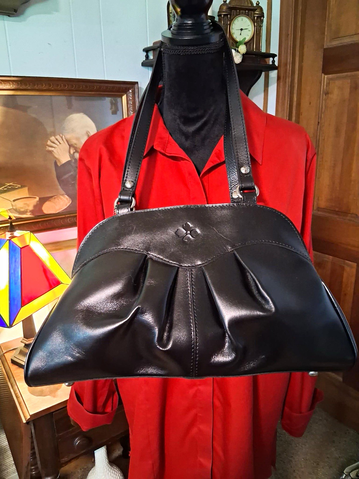 Patricia Nash Black Leather Pleated Shoulder Bag w/ 10th Anniversary Charm