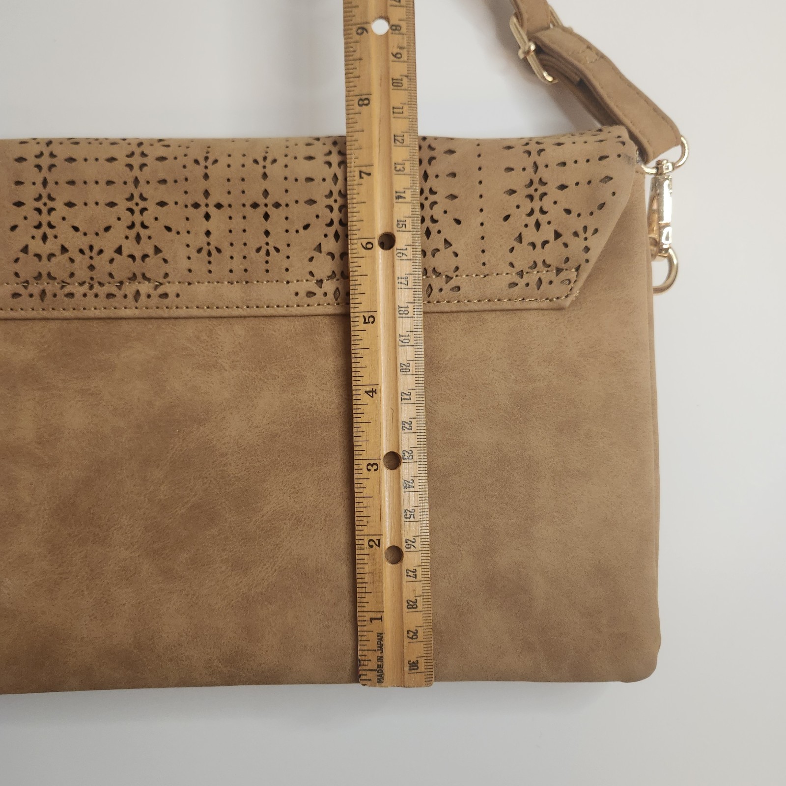 Tan Faux Suede FoldOver Crossbody Laser Cut Purse 11.5″ x 7.25″ Adjustable Strap