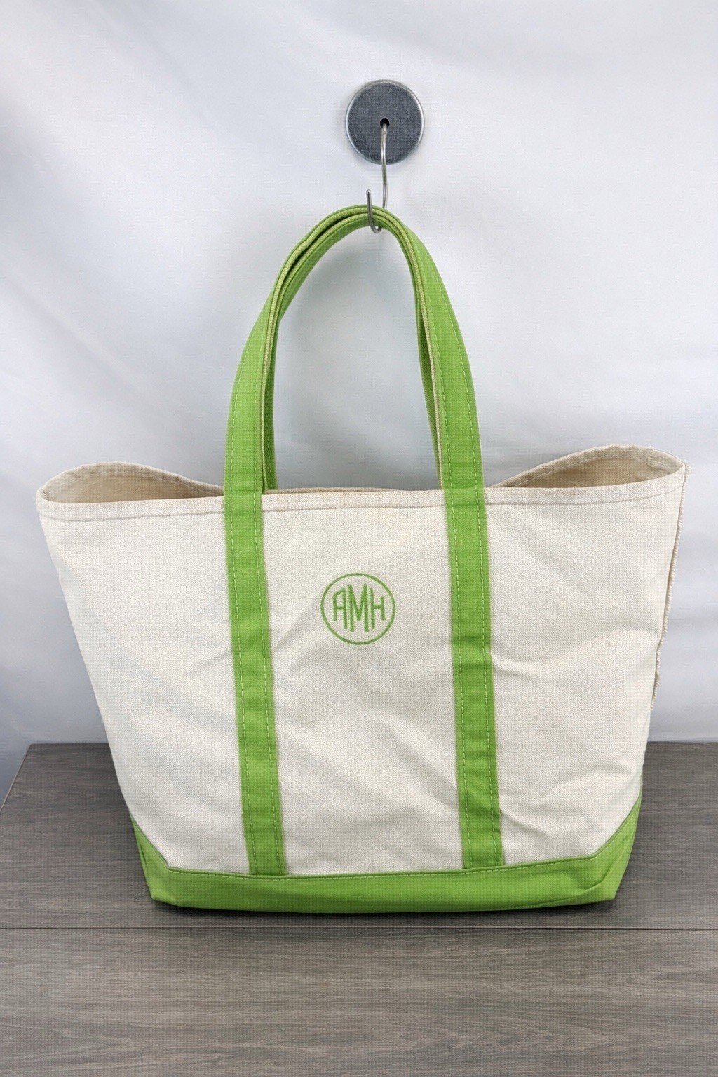 L.L. Bean Boat And Tote Bag Womens Large Beige Green Canvas Monogram Made In USA