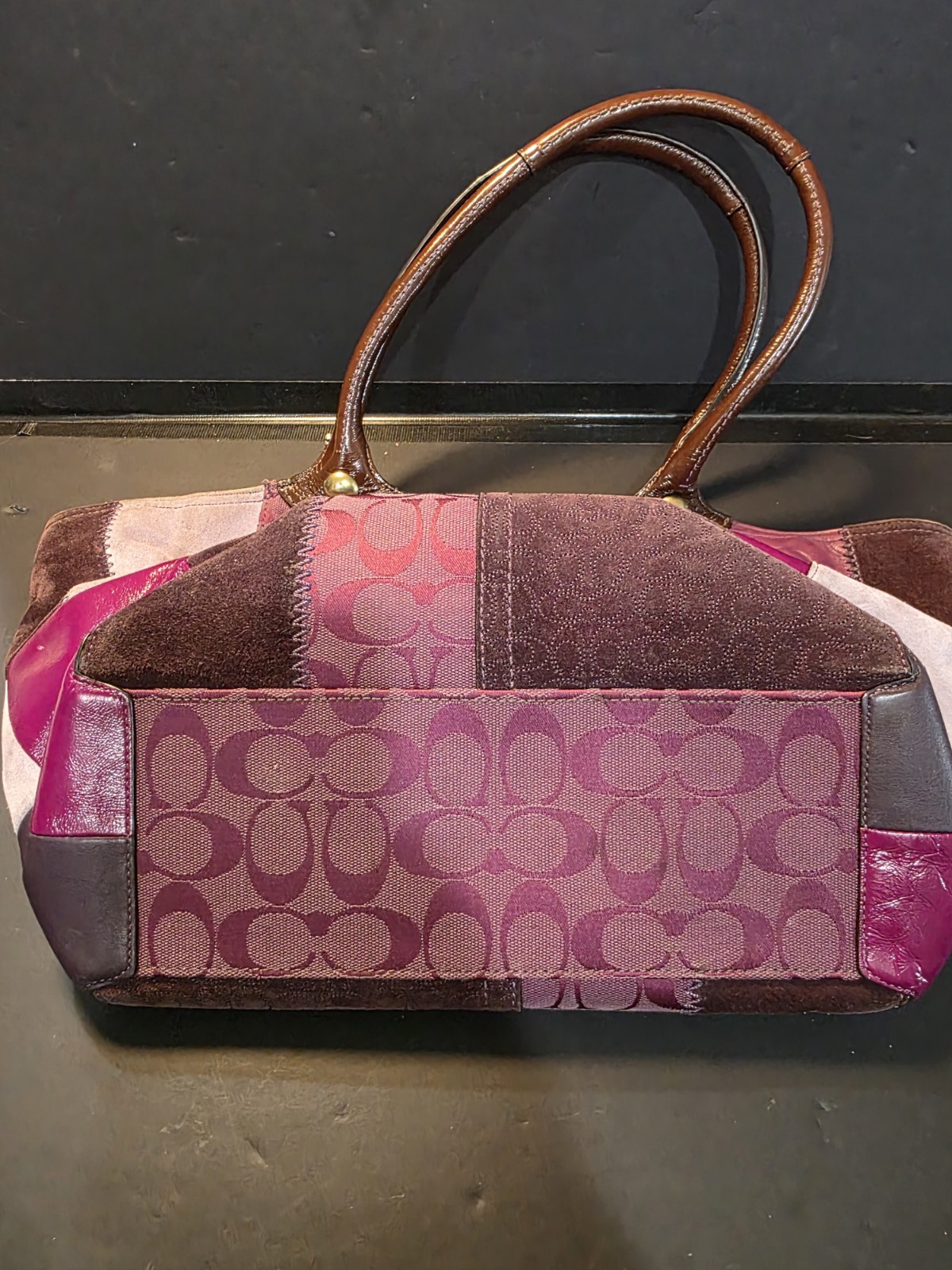 Coach Patchwork Gallery Tote Bag Purple Plum Suede Leather Canvas F14045