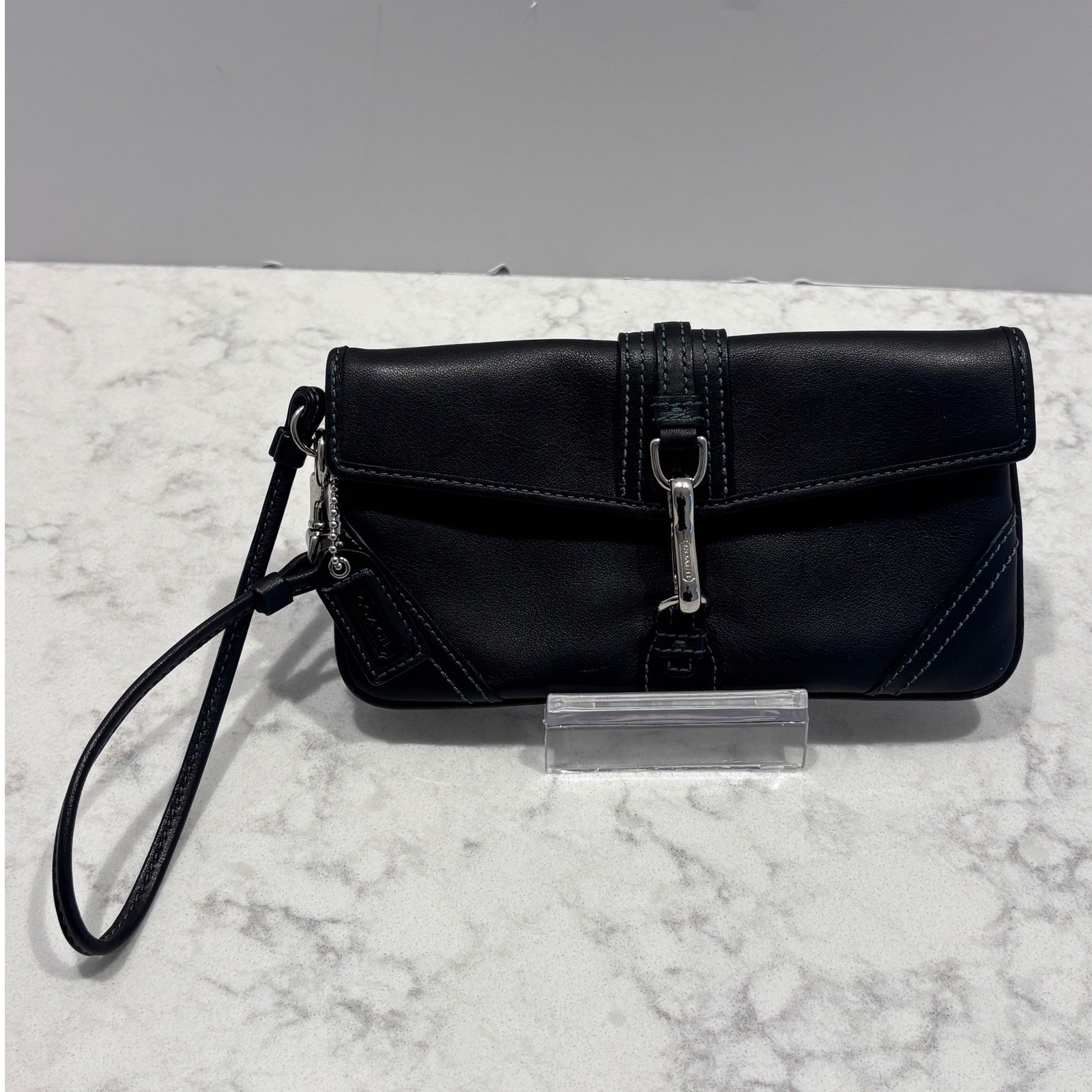 Coach Hamptons Black Leather Wristlet Teal Stitching Lobster Claw Clip Clutch