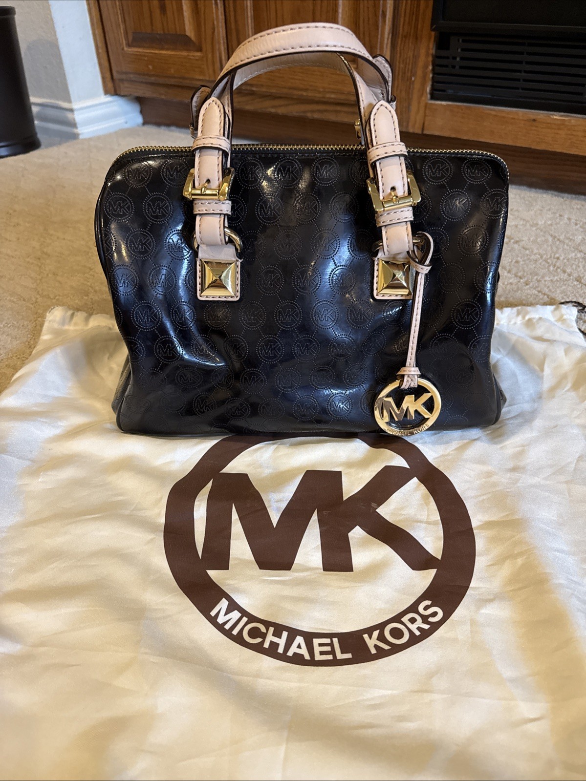 Michael Kors Grayson Black Patent Leather Satchel MK Logo Monogram Handbag Purse