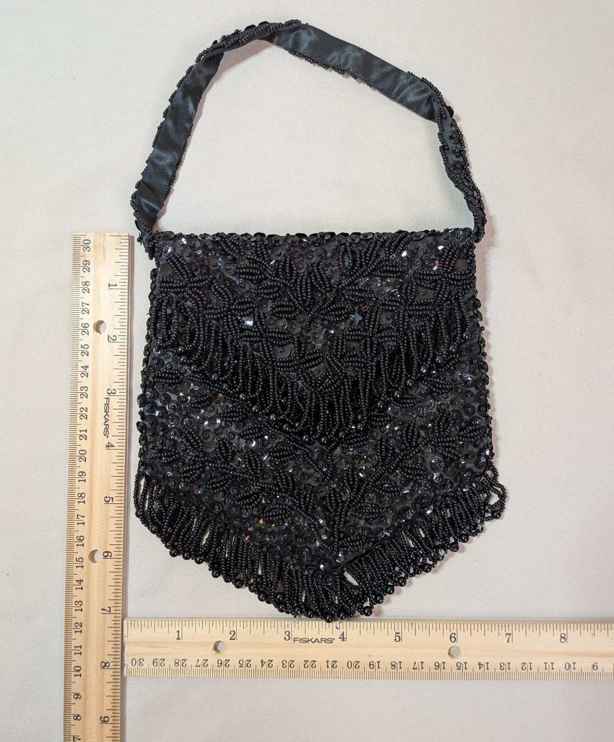 Small Black Purse Beaded Sequins Fringe Trim Flapper Hong Kong Evening Bag Prom