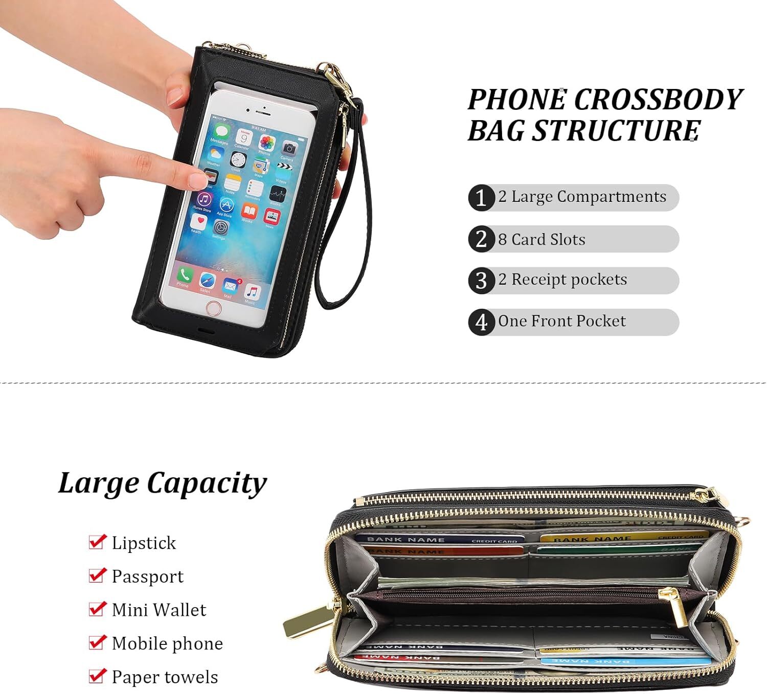 GOIACII Phone Purse Crossbody Bags for Women Small Travel Wallet A01-black