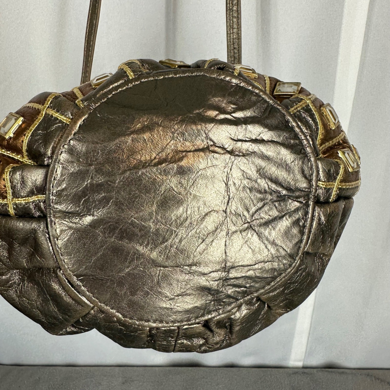 Metallic Bronze Gold Embellished Crossbody Bag Rhinestone Grid Vintage READ