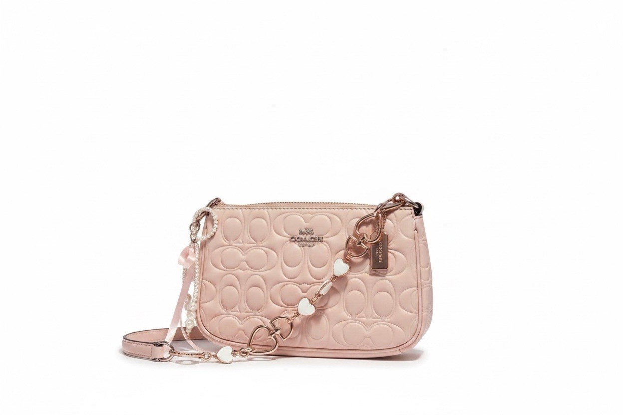 Coach Pink Quilted Logo Zip Wristlet Crossbody Bag w/ Heart Charm Strap