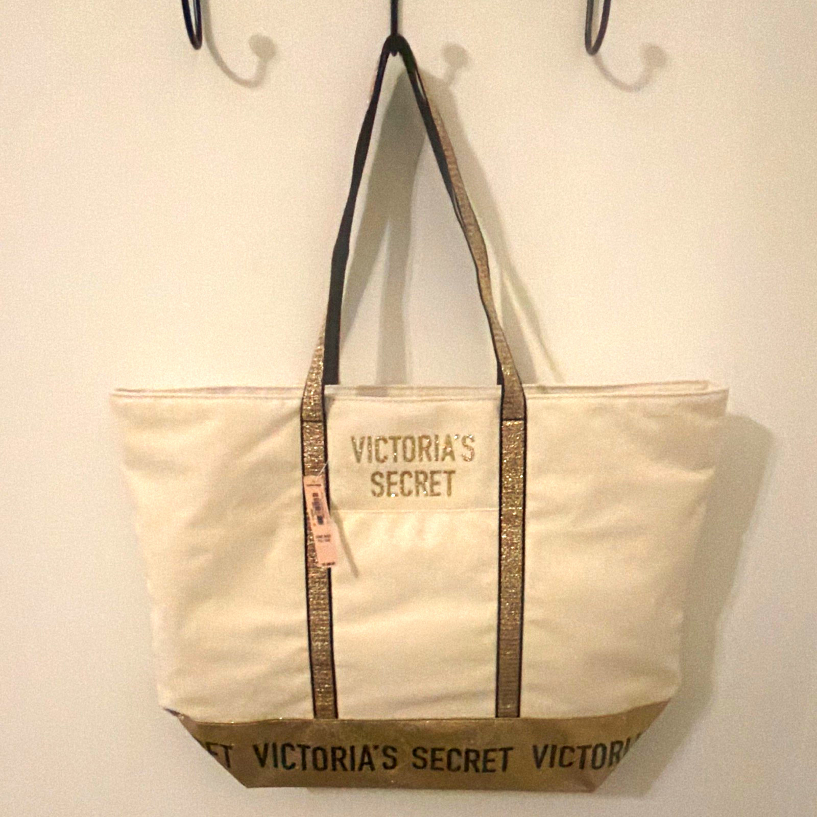 Victoria’s Secret Women’s Beige Logo Tote Black Double Handles Zip Zippered