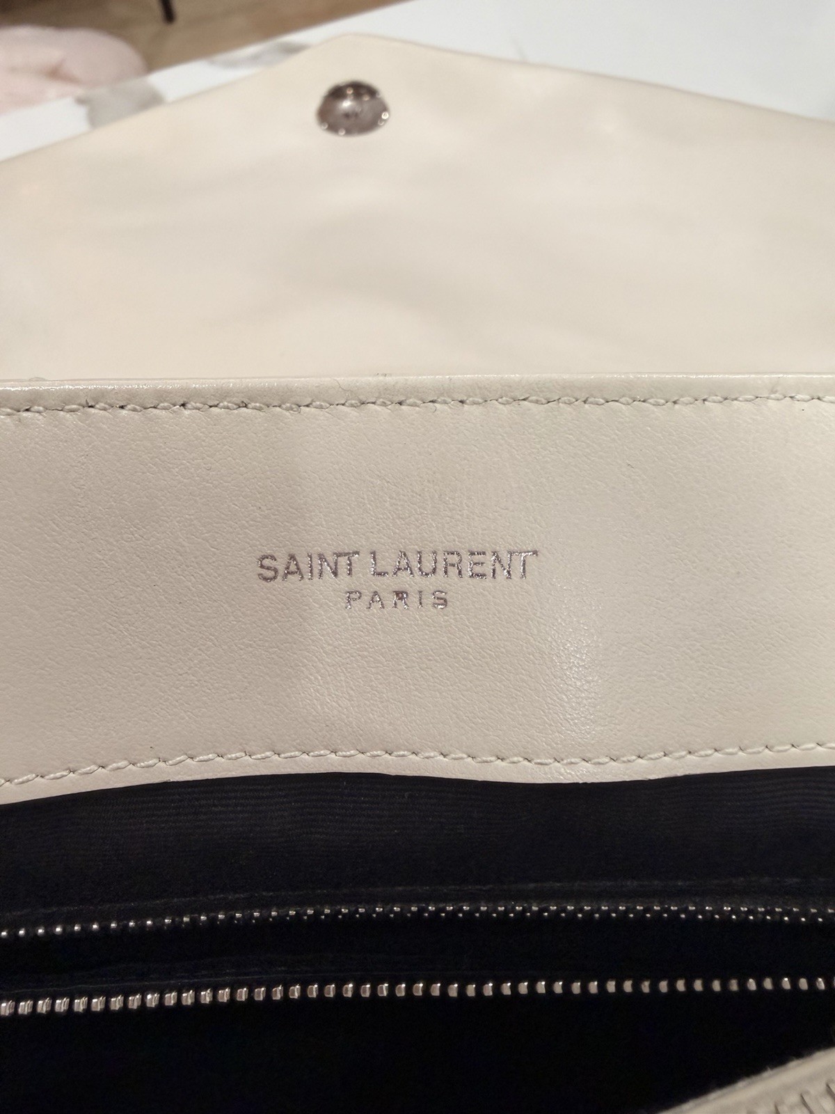 Saint Laurent Loulou Ivory Quilted Chevron Shoulder Bag Silver Chain FULL SET