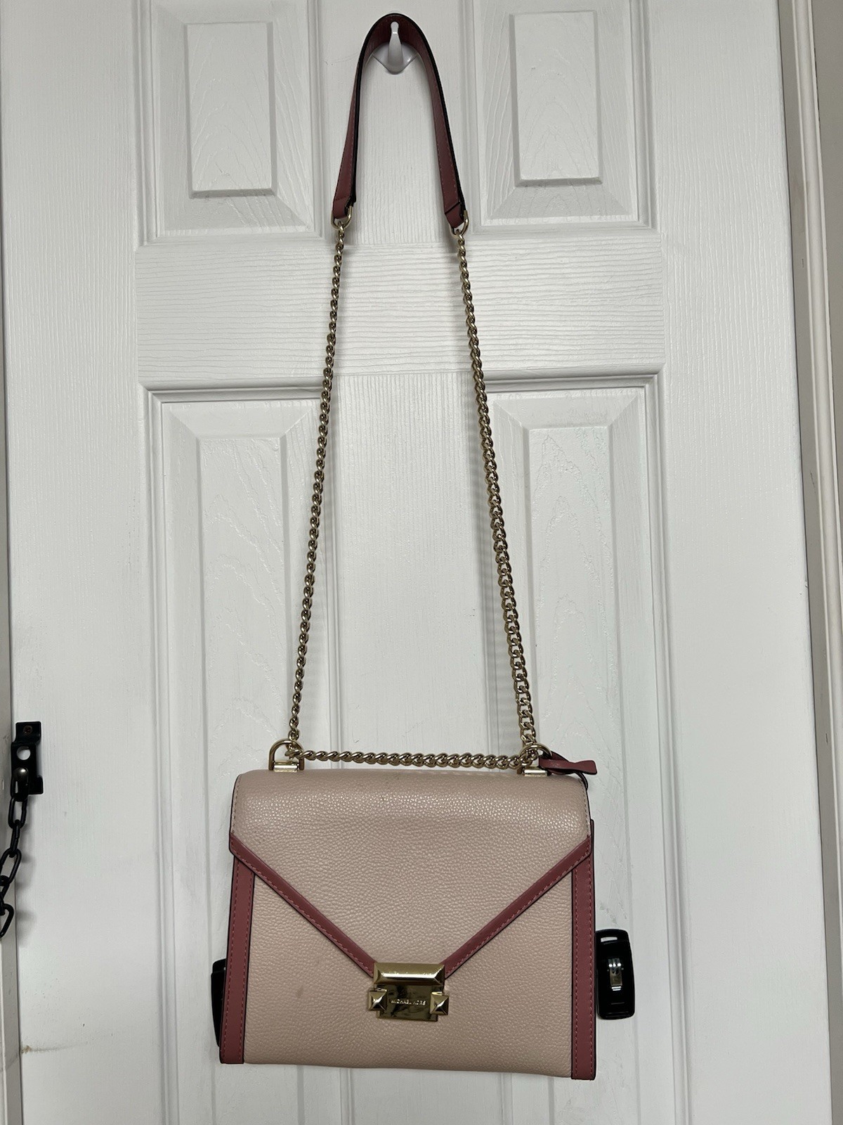 New Michael Kors Whitney bicolor leather small shoulder bag soft pink gold chain