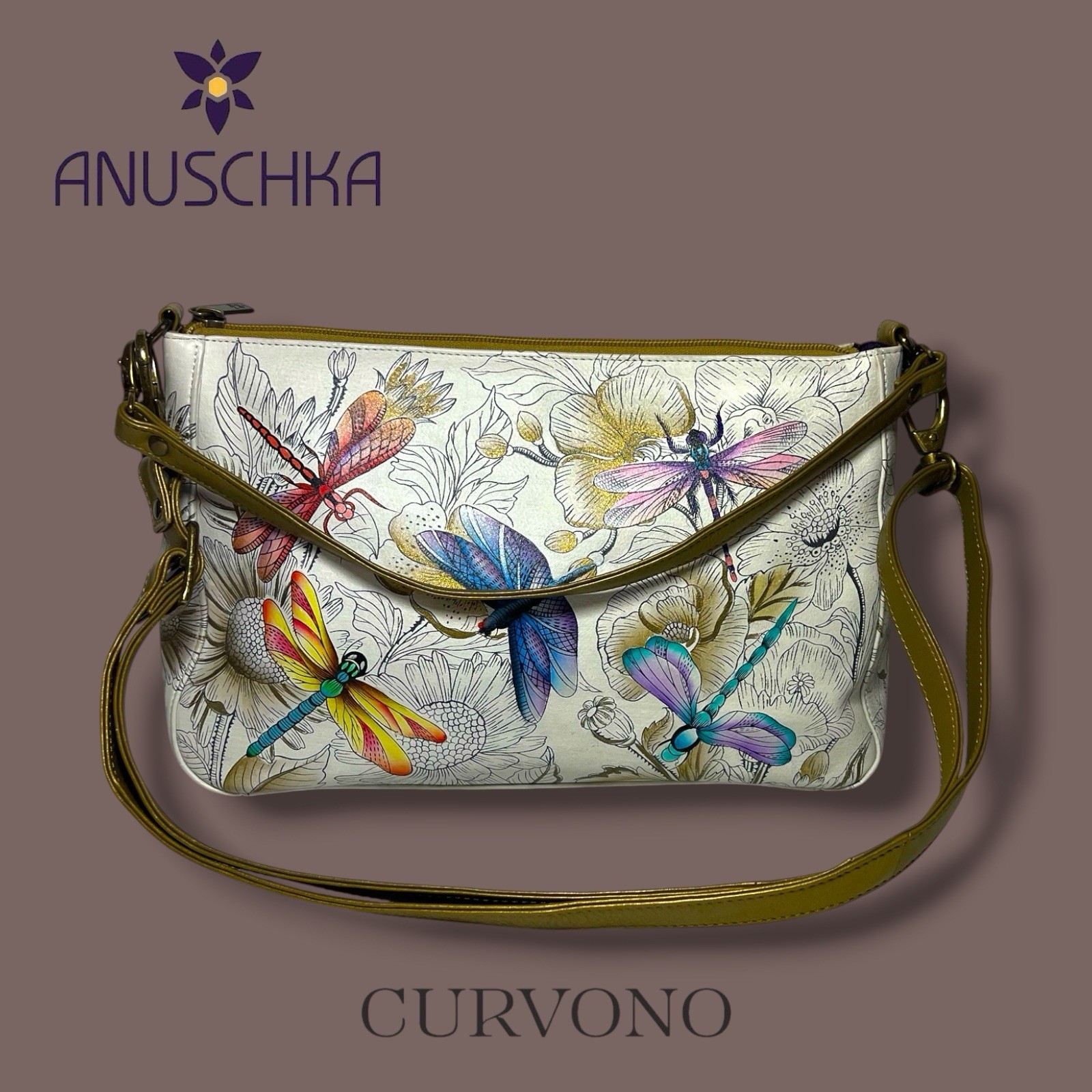 Anuschka Hand Painted Leather Dragonfly Floral Shoulder Bag Crossbody Purse Rare