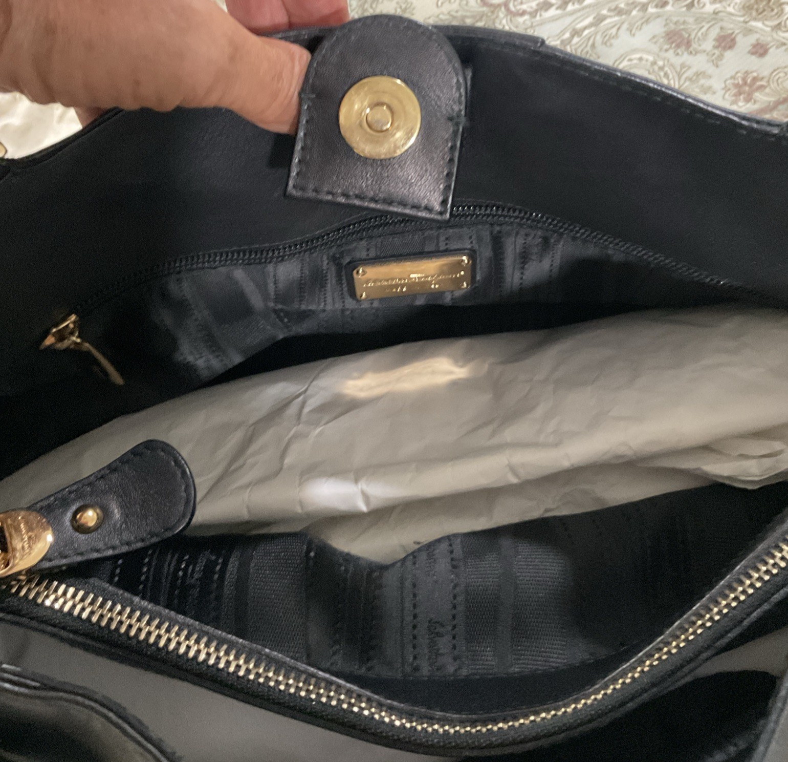 ferragamo Gancini Black Leather Shoulder Bag W Gold Hardwear In Dust Bag