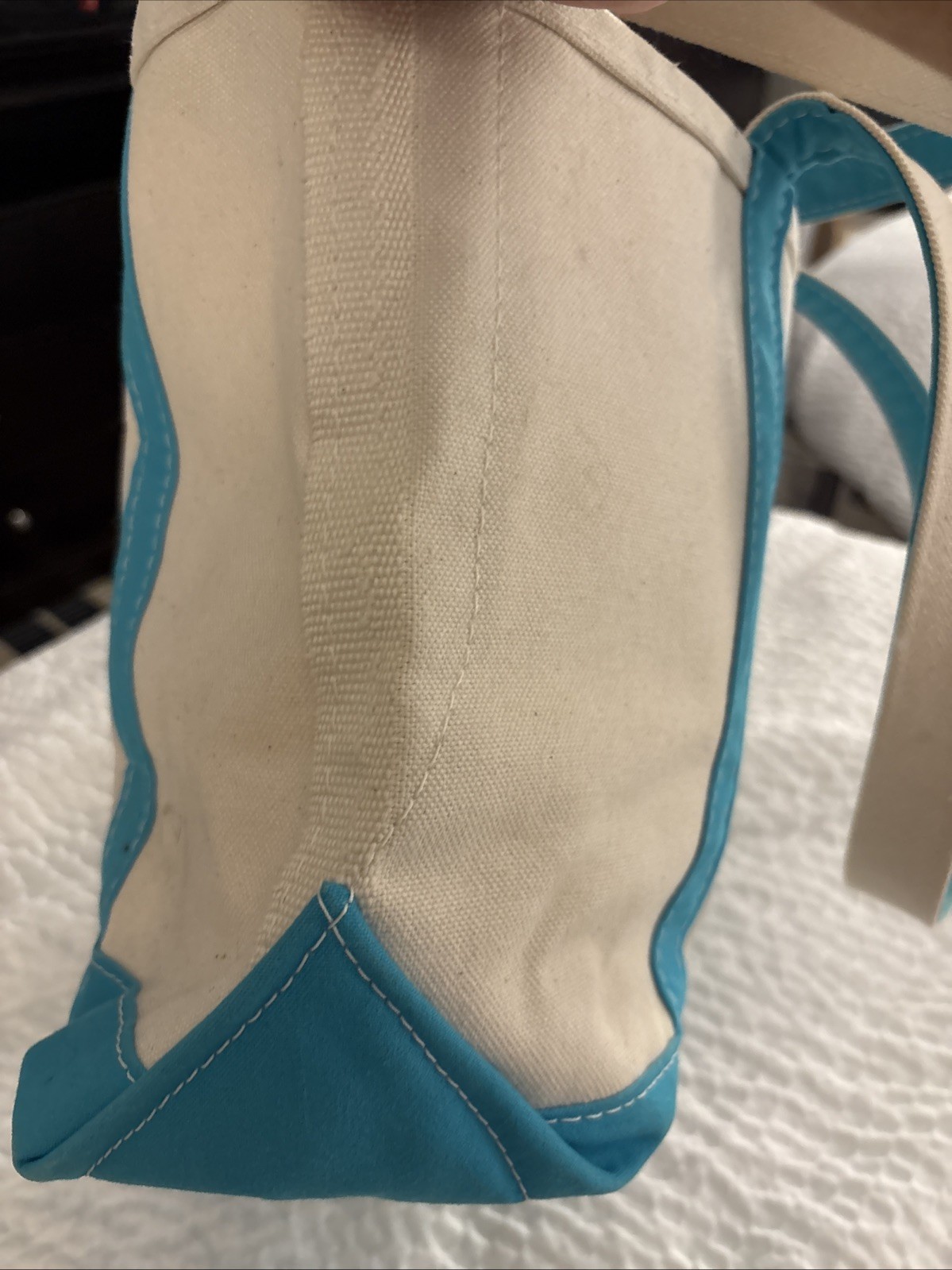 Stiff LL Bean Boat and Tote Bag Blue Aqua Small Long Handles Embroidered “ERL” *