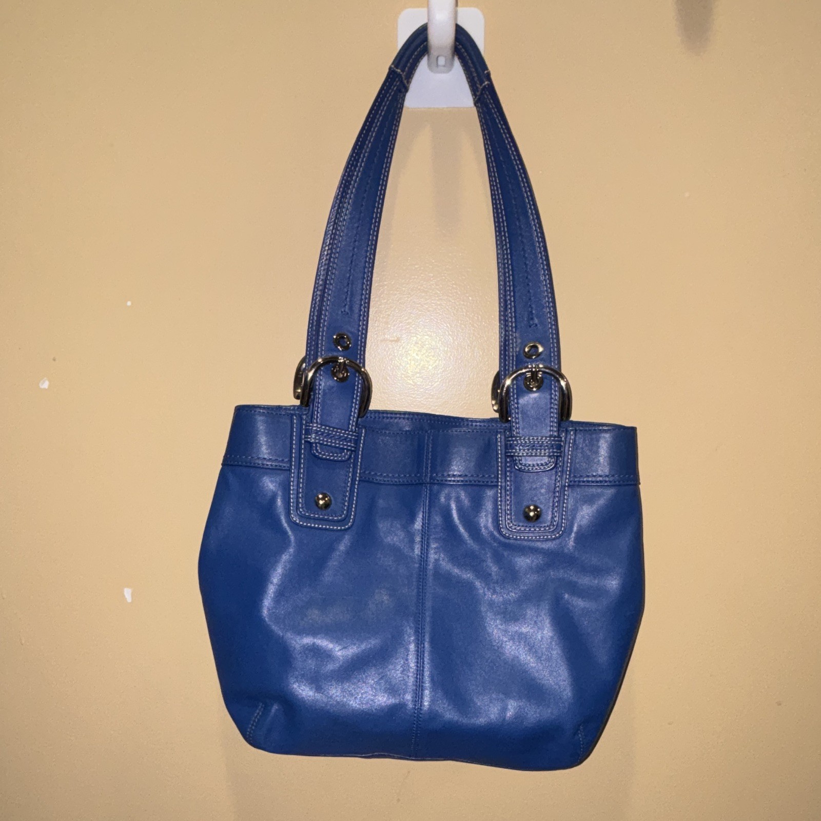 Coach Blue Satchel Top Handle Bag Zip Closure Silver Hardware Buckle Studs