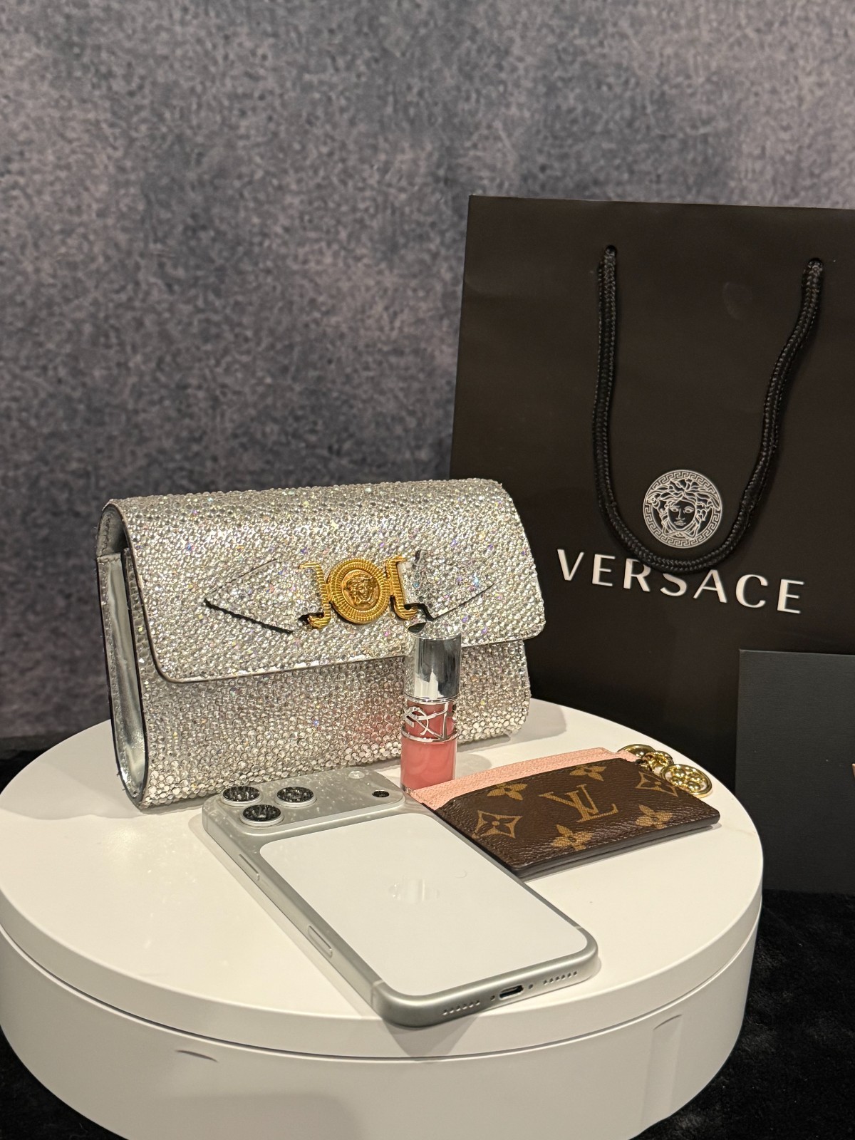 Authentic Versace La Medusa Crystal Mini Bag in silver with mixed metal hardware