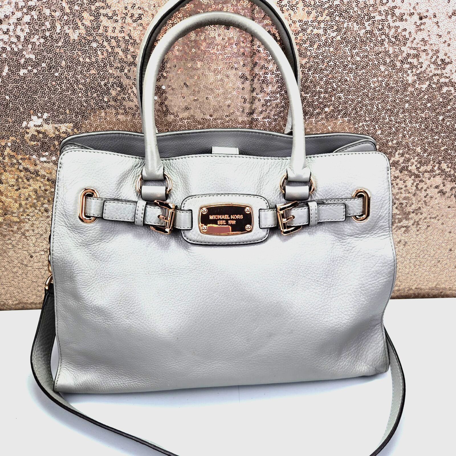 Michael Kors Womens Hamilton Satchel Handbag Purse Medium Gray Leather W/Strap