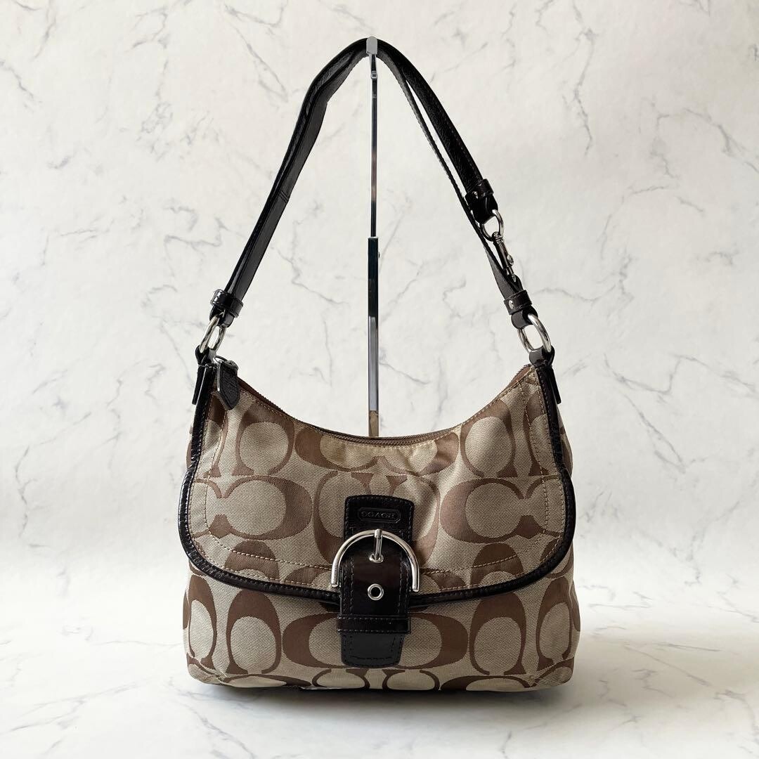 Coach Soho Signature Canvas Leather Shoulder Bag Beige Brown 13.4in 11.4in