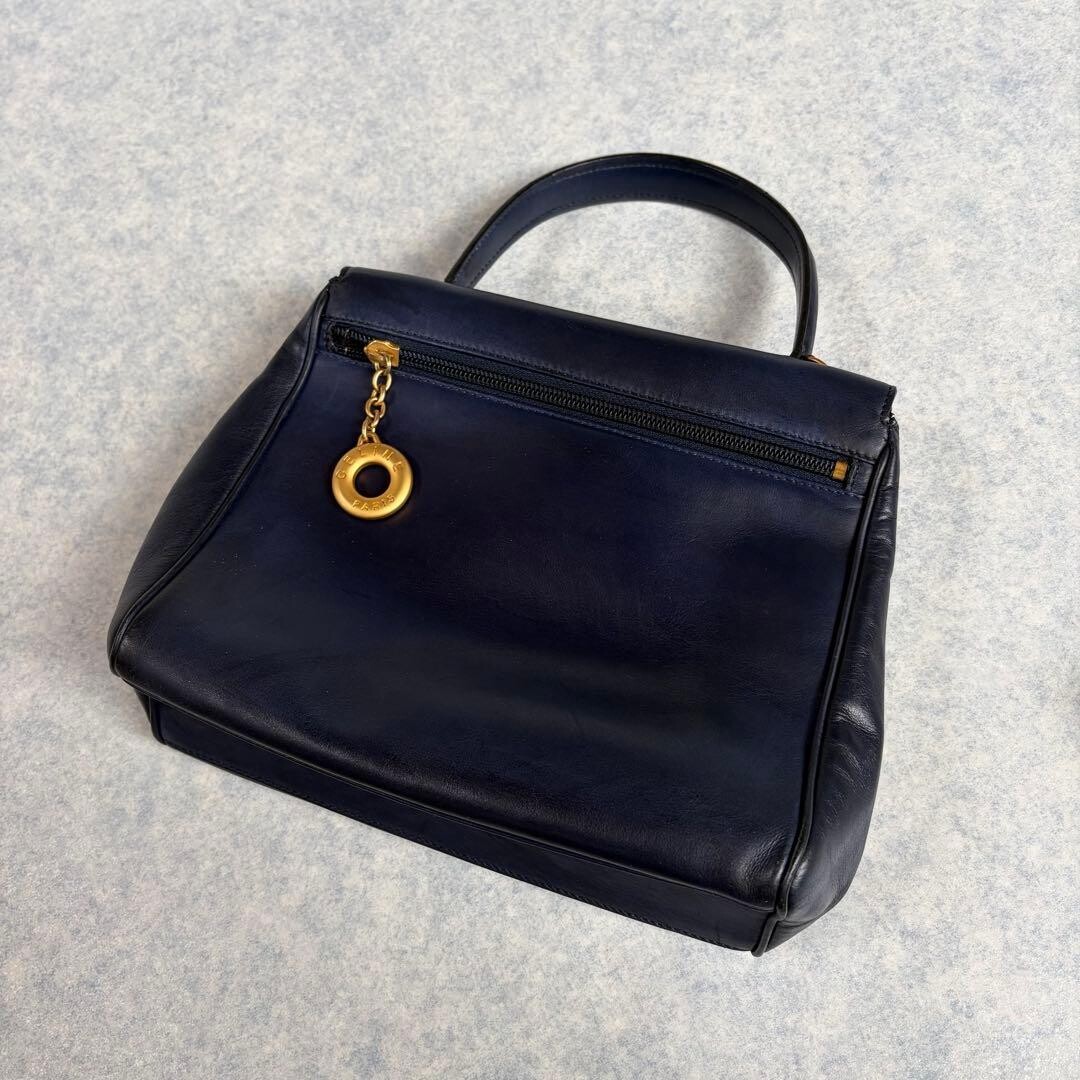 CELINE Navy Leather Top Handle Handbag Gold Circle Logo Y2K Self Standing 73
