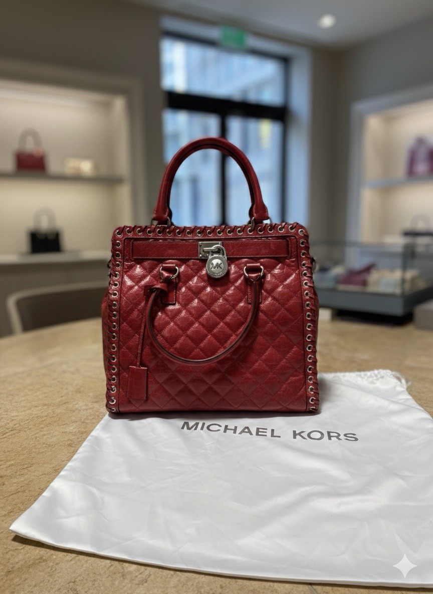 Michael Kors Hippie Grommet Hamilton Red Quilted Leather Large Tote Bag