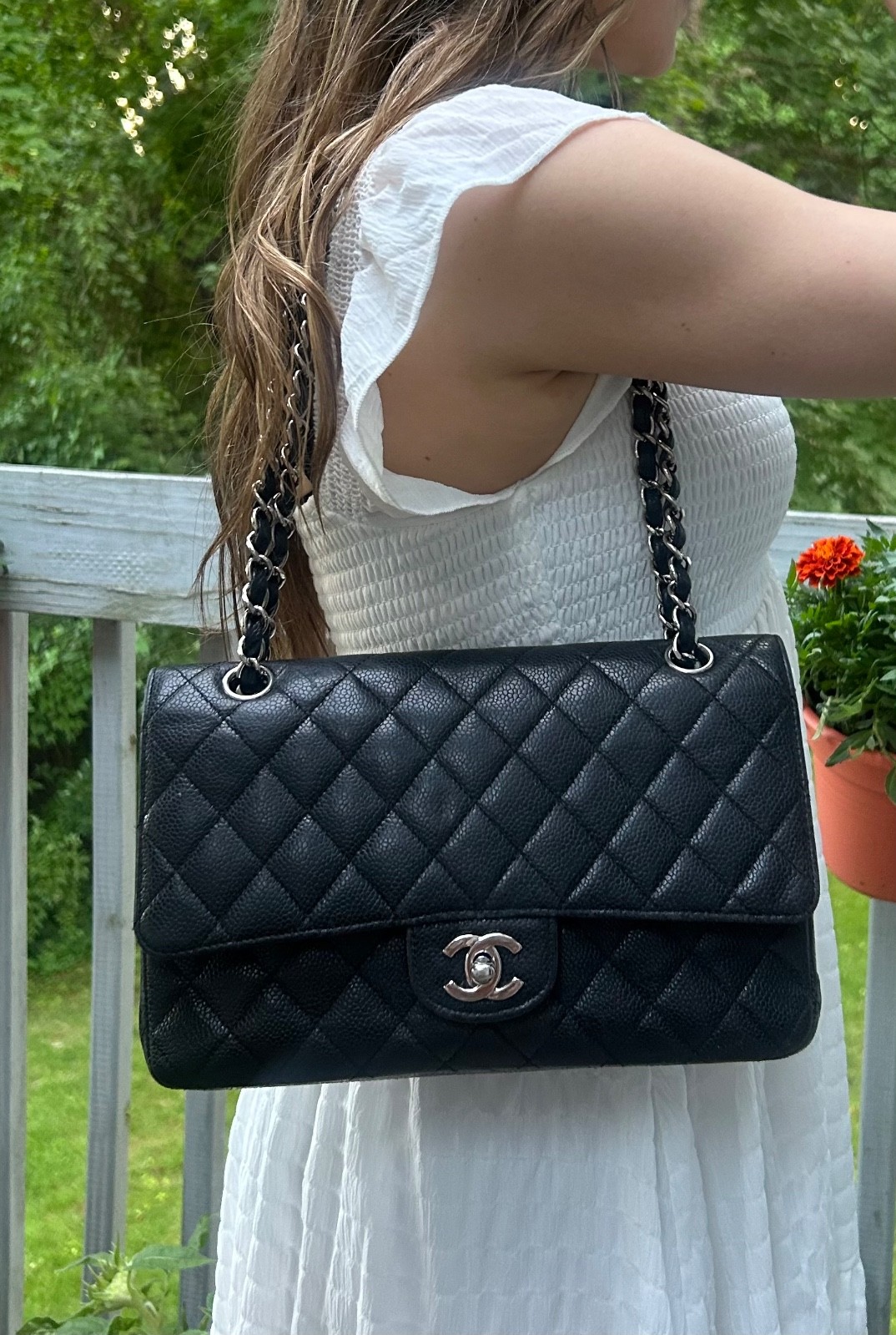 CHANEL CC Medium Classic Double Flap Caviar Quilted Leather Handbag Black