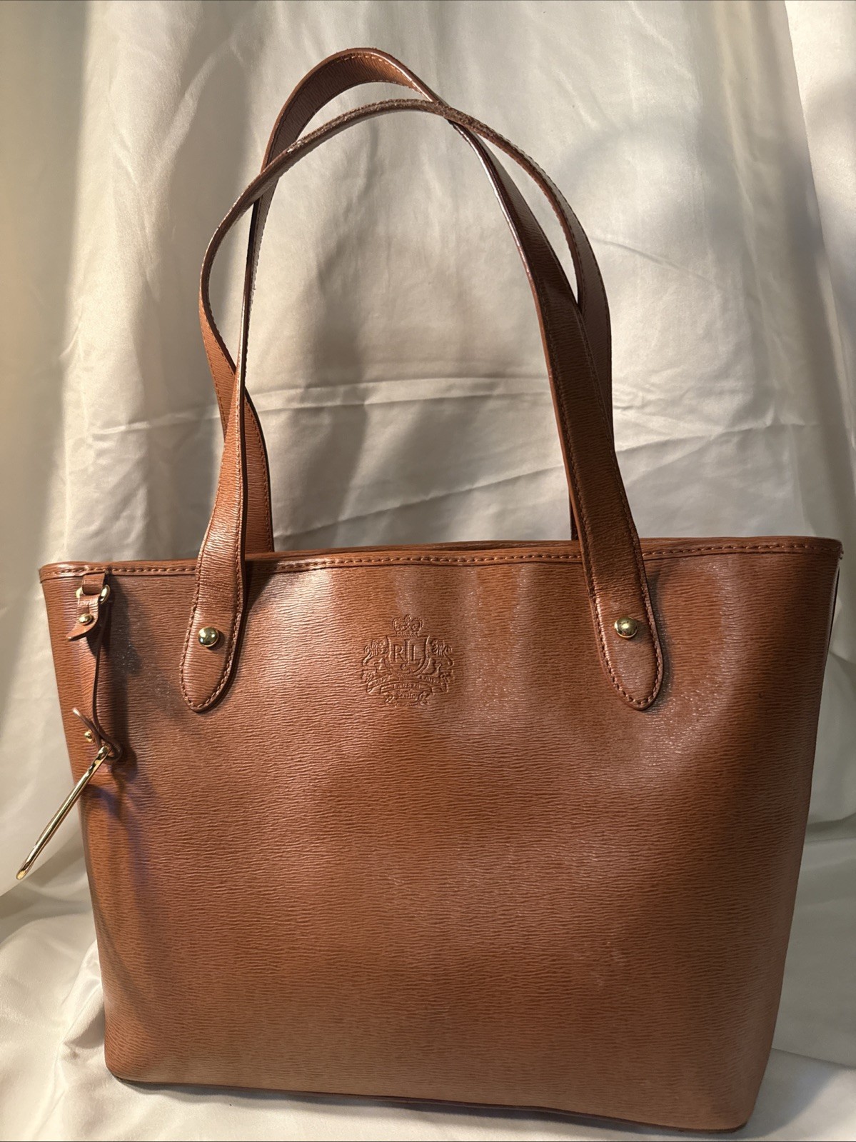 Vintage Ralph Lauren Brown Leather Tote Bag with Stirrup Hardware embossed Crest