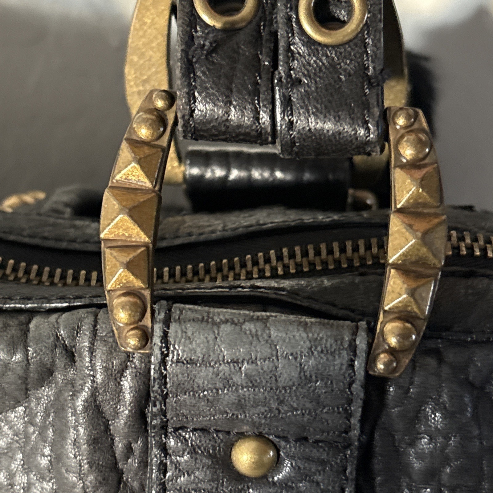 Betsey Johnson Black Studded Buckle Accent Zip Satchel Handbag Women Vtg