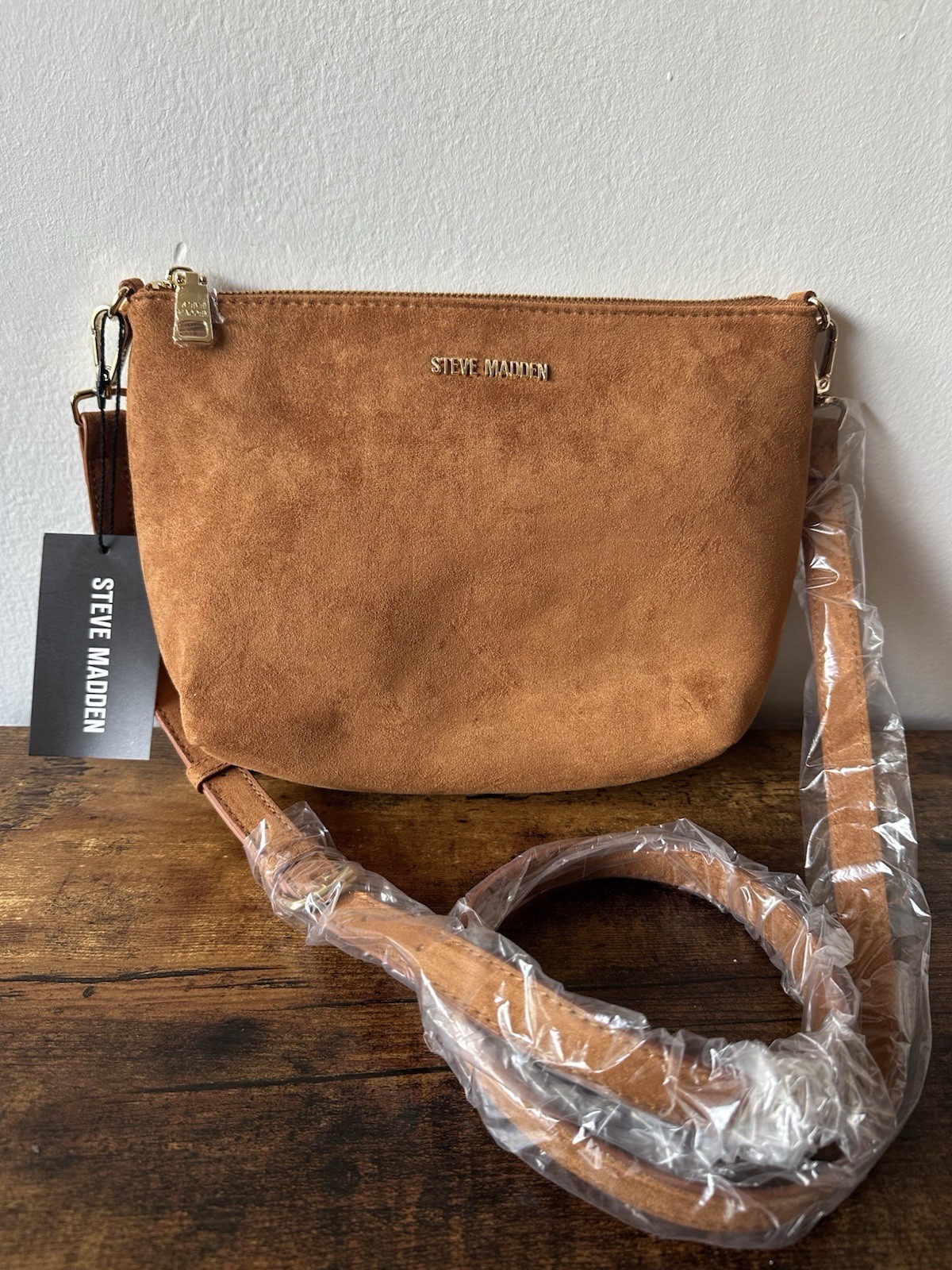 Steve Madden Tan Suede-Like Crossbody Bag Adjustable Strap Gold Hardware NEW