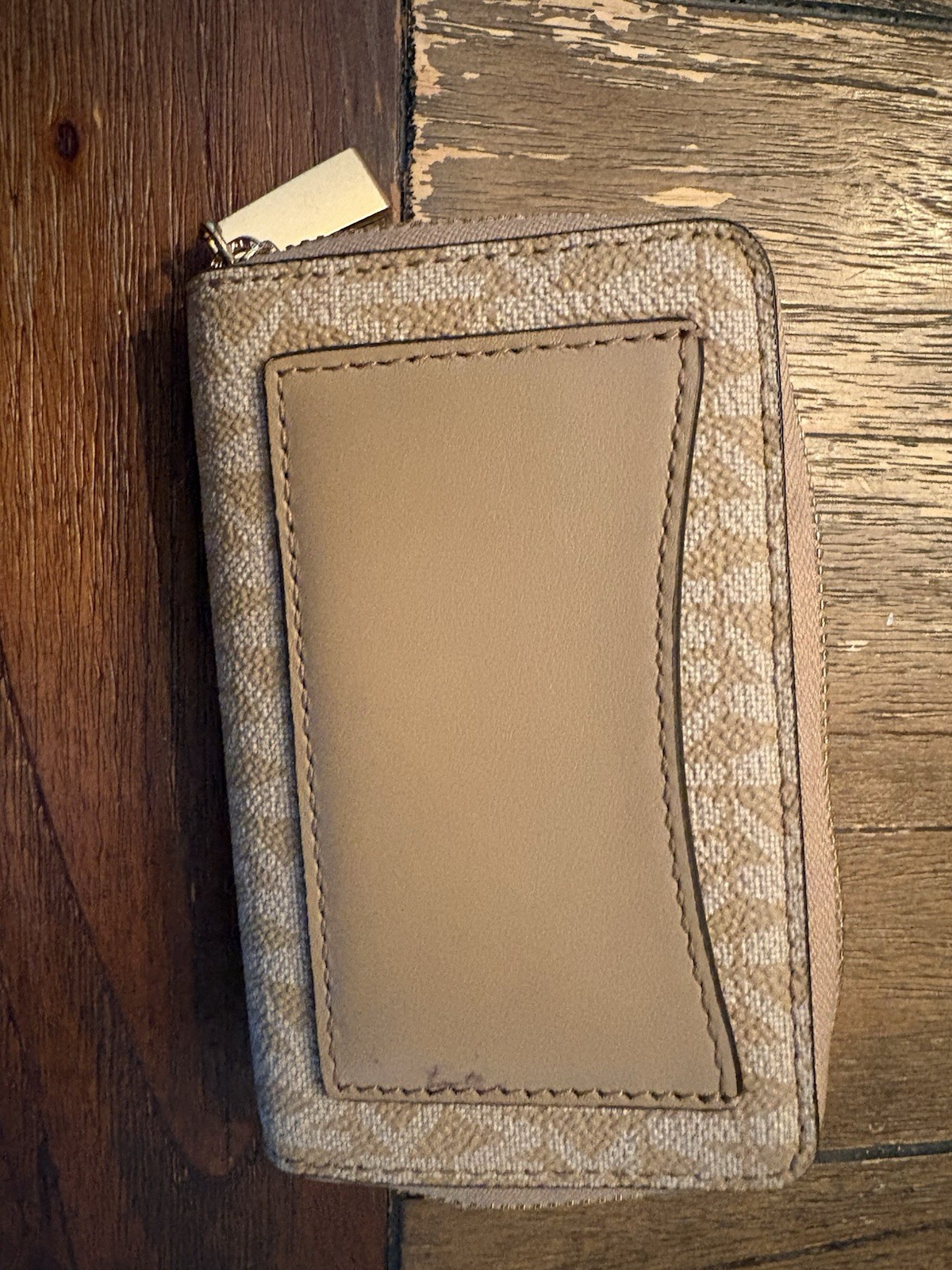 Michael Kors Beige Monogram Shoulder Bag Zip Top Pockets Gold Hardware Wristlet