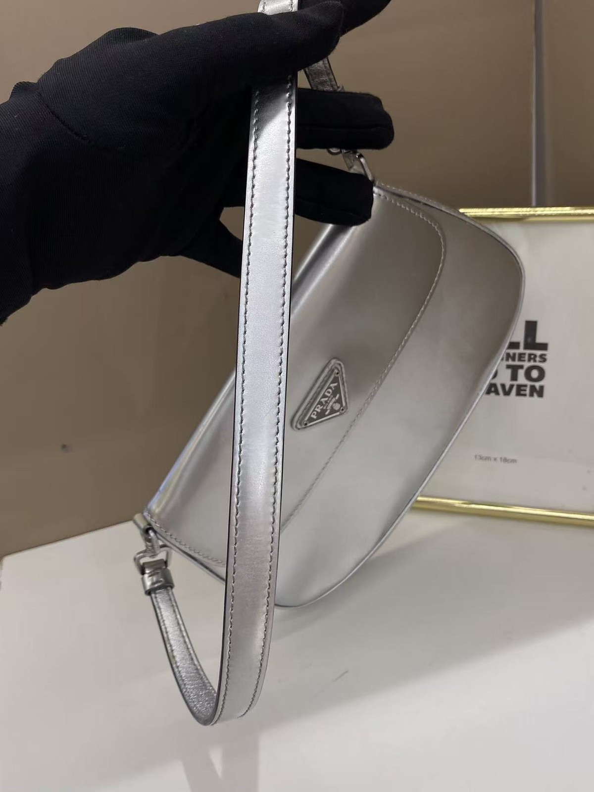 Authentic Prada Cleo shoulder bag in metallic silver leather