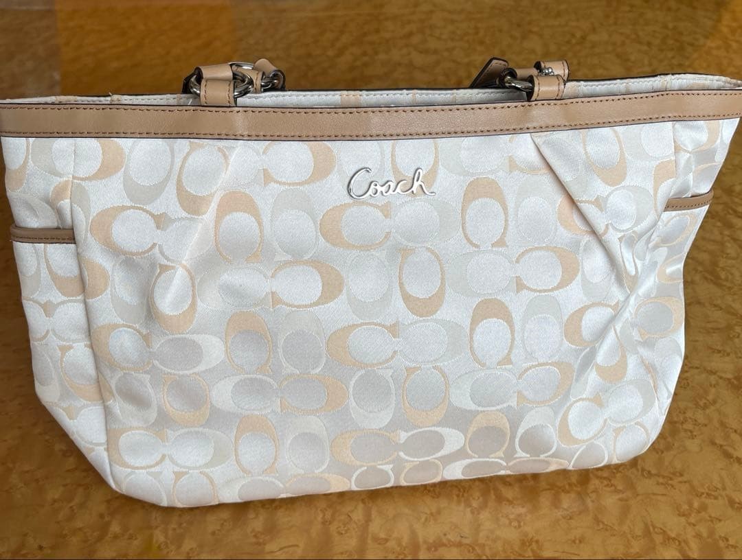 COACH Signature Tote Bag Beige Canvas Leather Adjustable Handle 21cm x 30cm Auth