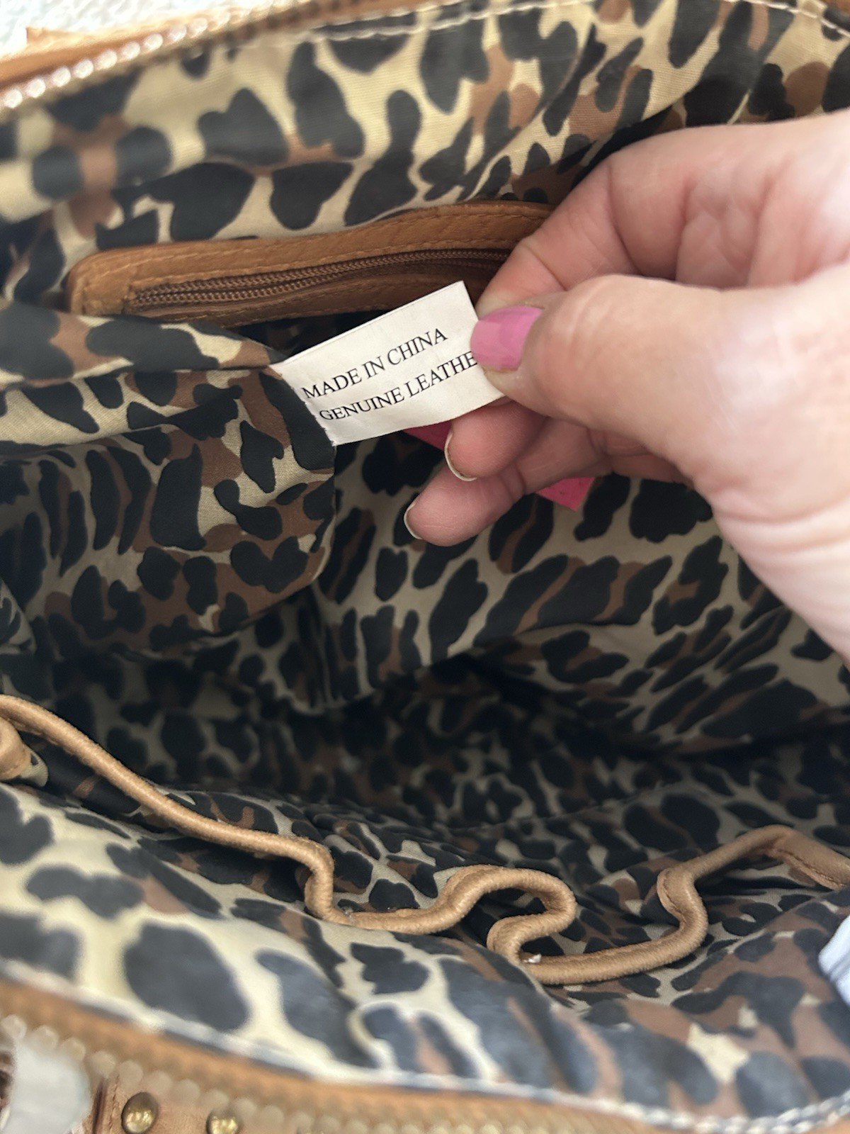 Betsey Johnson RARE Tan Leather Studded Buckle Bag Leopard Interior Vtg Purse