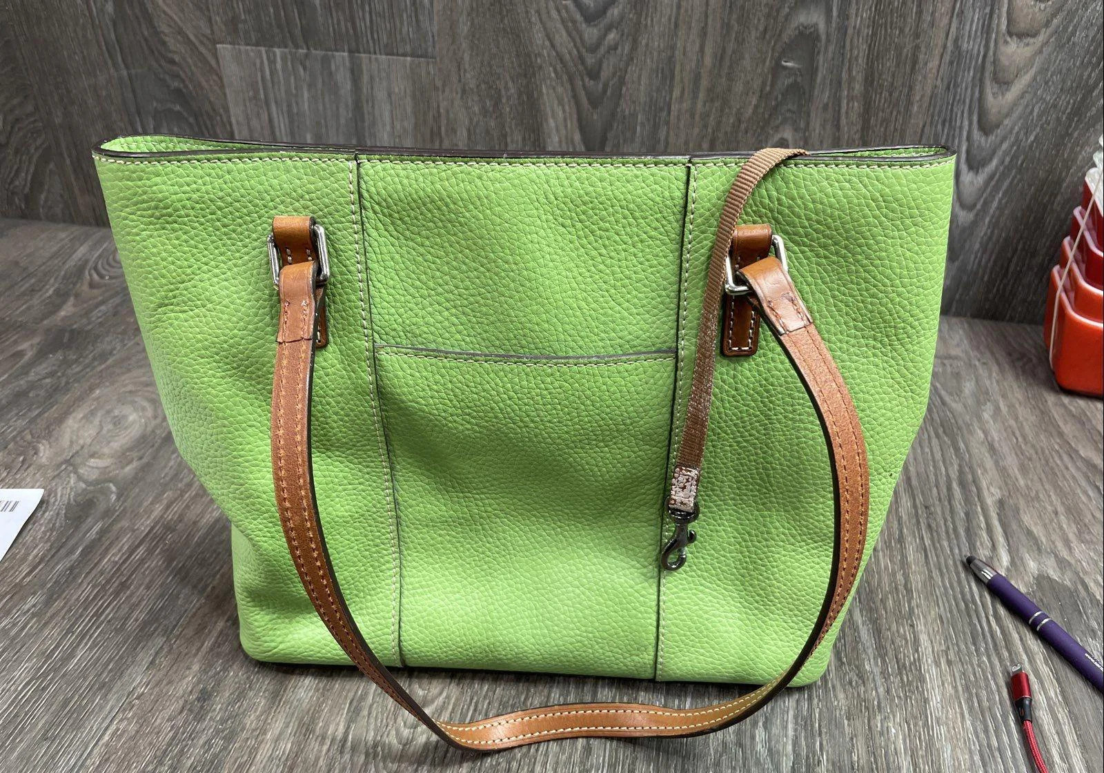Dooney and Bourke Lime Green Pebbled Leather Tote Bag with Tan Leather Trim