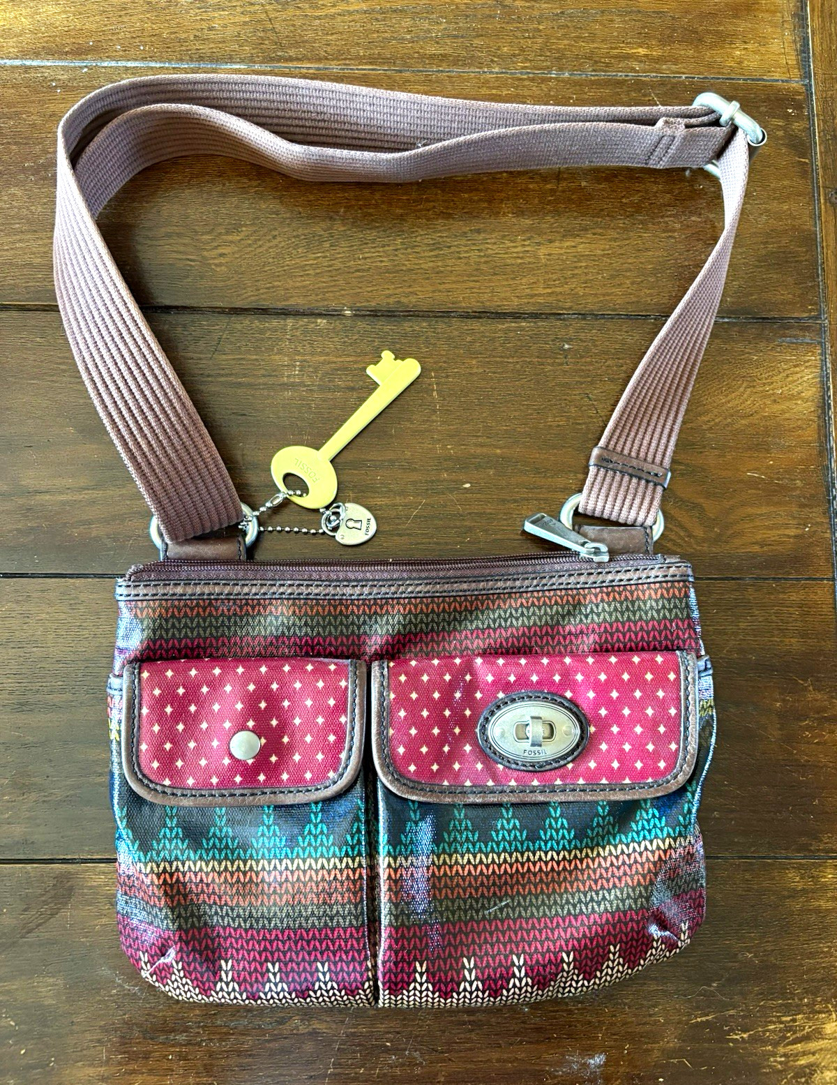 Fossil Multicolor Geometric Crossbody Bag Adjustable Strap Zip Snap Key Charm