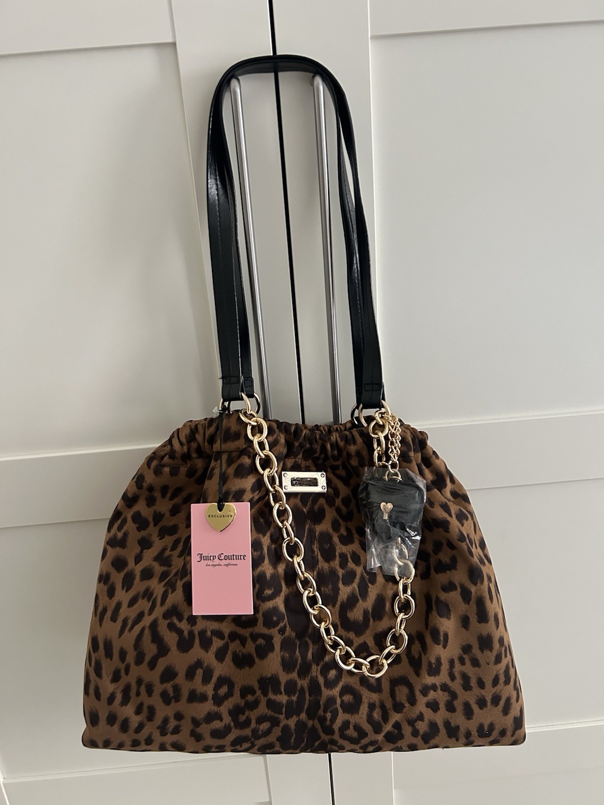 Juicy Couture Leopard Animal Print Tote Bag, Drawstring, Chain, Heart Charm