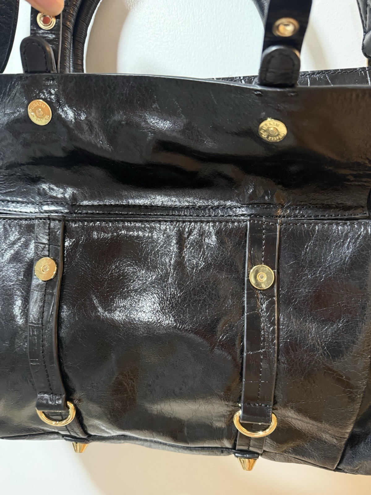 Badgley Mischka Black Satchel Top Handle Bag Zip Gold Hardware Pockets