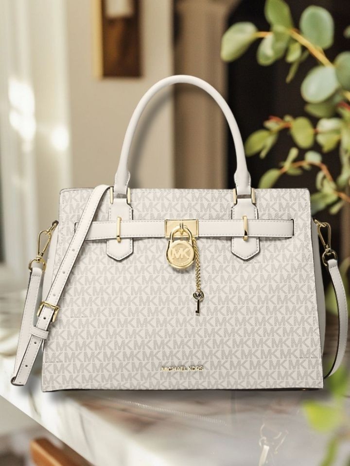 Michael Kors Hamilton Women Medium MK Logo Print Satchel Bag Light Cream Multi