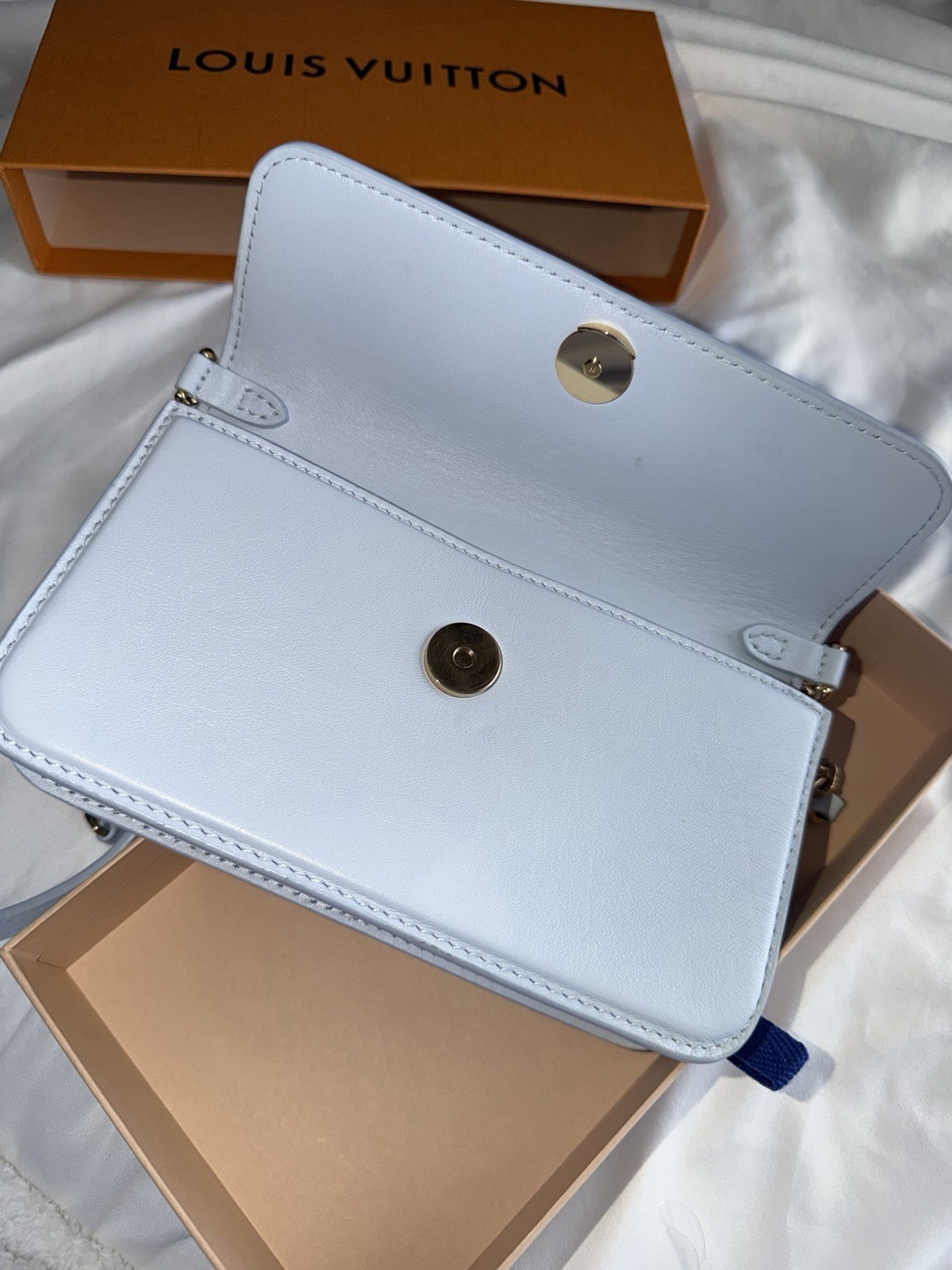 Louis Vuitton Light Blue Small Crossbody Bag Chain Strap LV Logo Gold HW