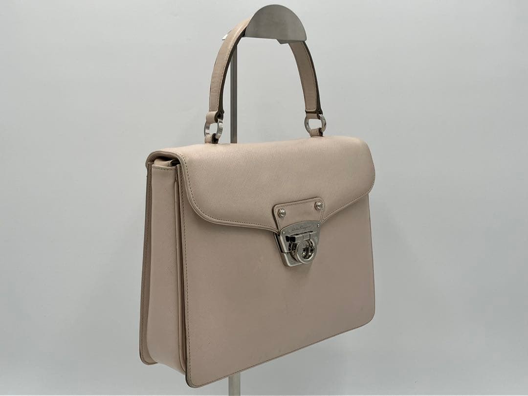 Salvatore Ferragamo Gancini 2Way Shoulder Bag Ivory Saffiano Leather Authentic