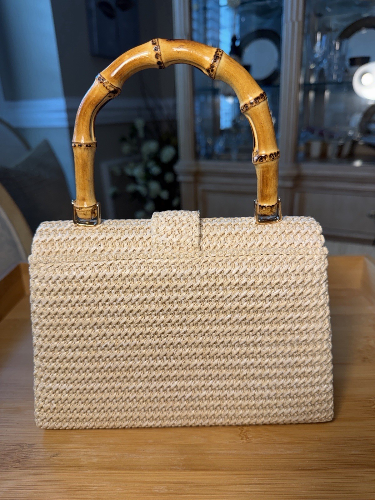 Tommy Bahama Woven Straw Satchel w/ Bamboo Top Handles/Gold Chain. NWT.
