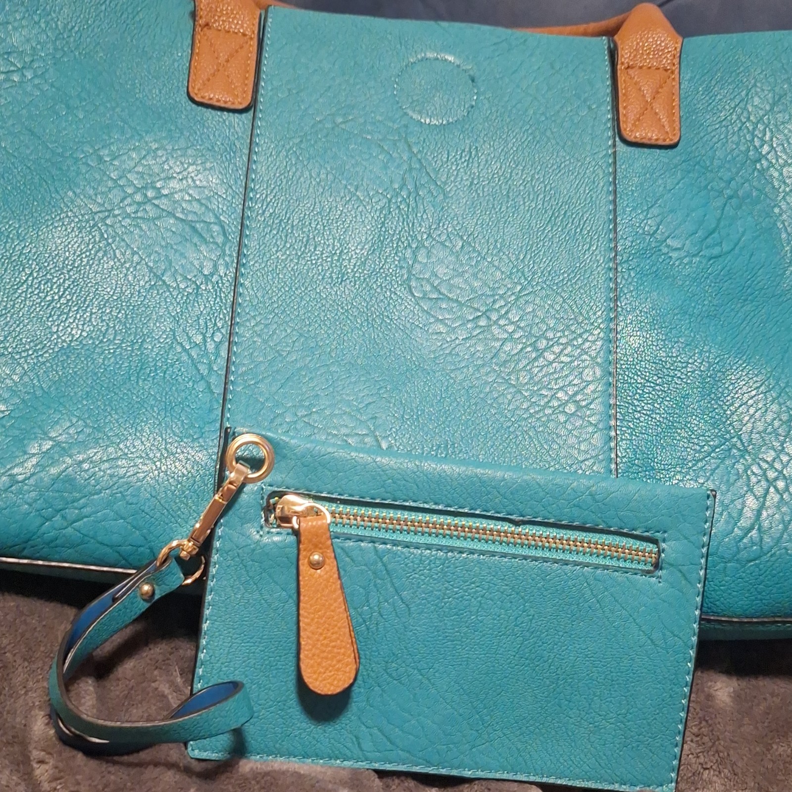 Turquoise/Brown Large Tote Bag Magnetic Closure Double Handles Removable Pouch