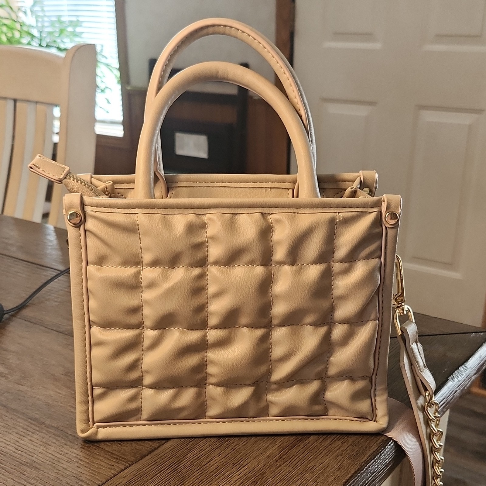 Steve Madden Beige Quilted Top Handle Satchel Zip w/ Detachable Crossbody