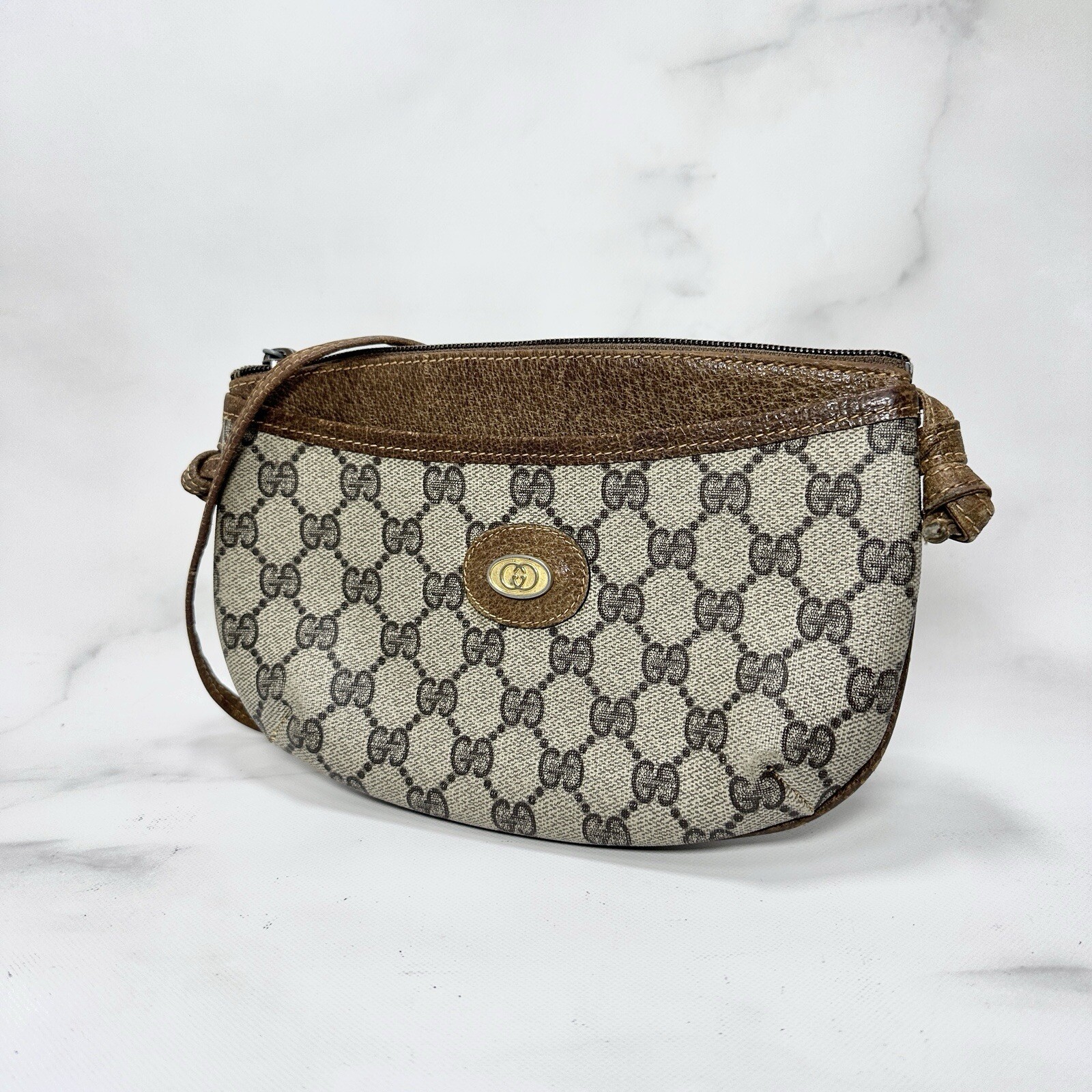 Vintage GUCCI Shoulder Bag Purse Brown PVC Leather Authentic