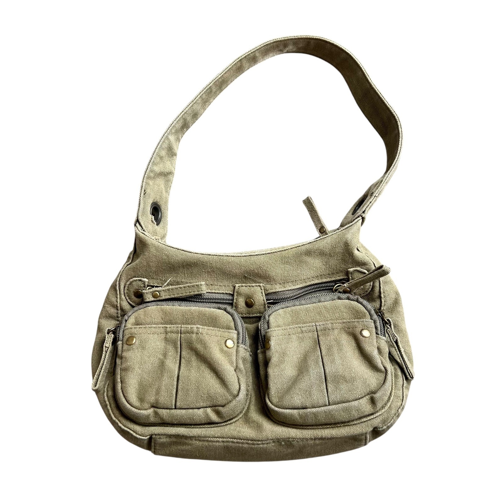 Vintage 90s Y2K Canvas Utility Shoulder Bag Olive Green Multi Pocket Cargo Hobo