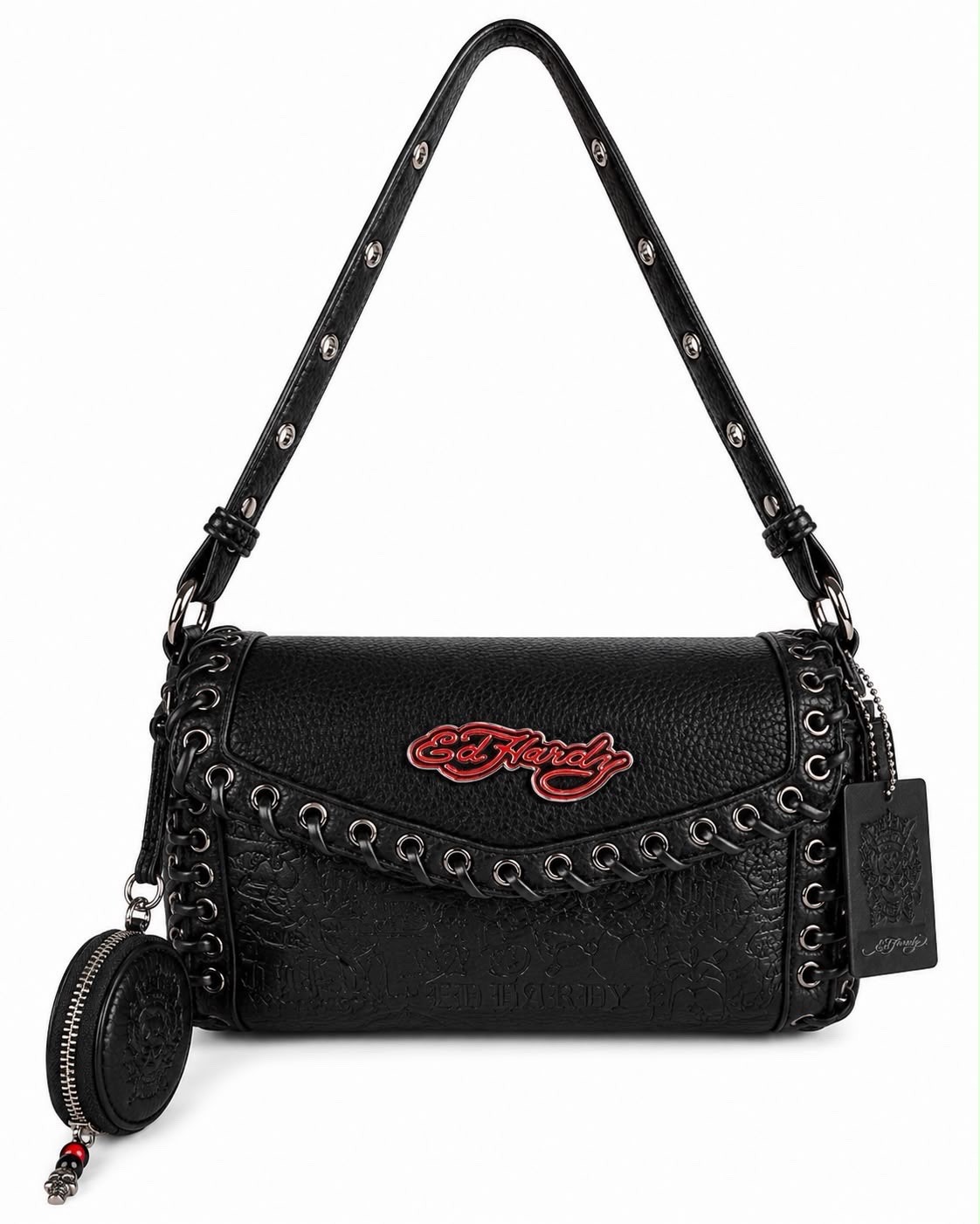 Ed Hardy Shoulder Bag Black Logo Zip Silver Hardware Grommet Coin Purse Women