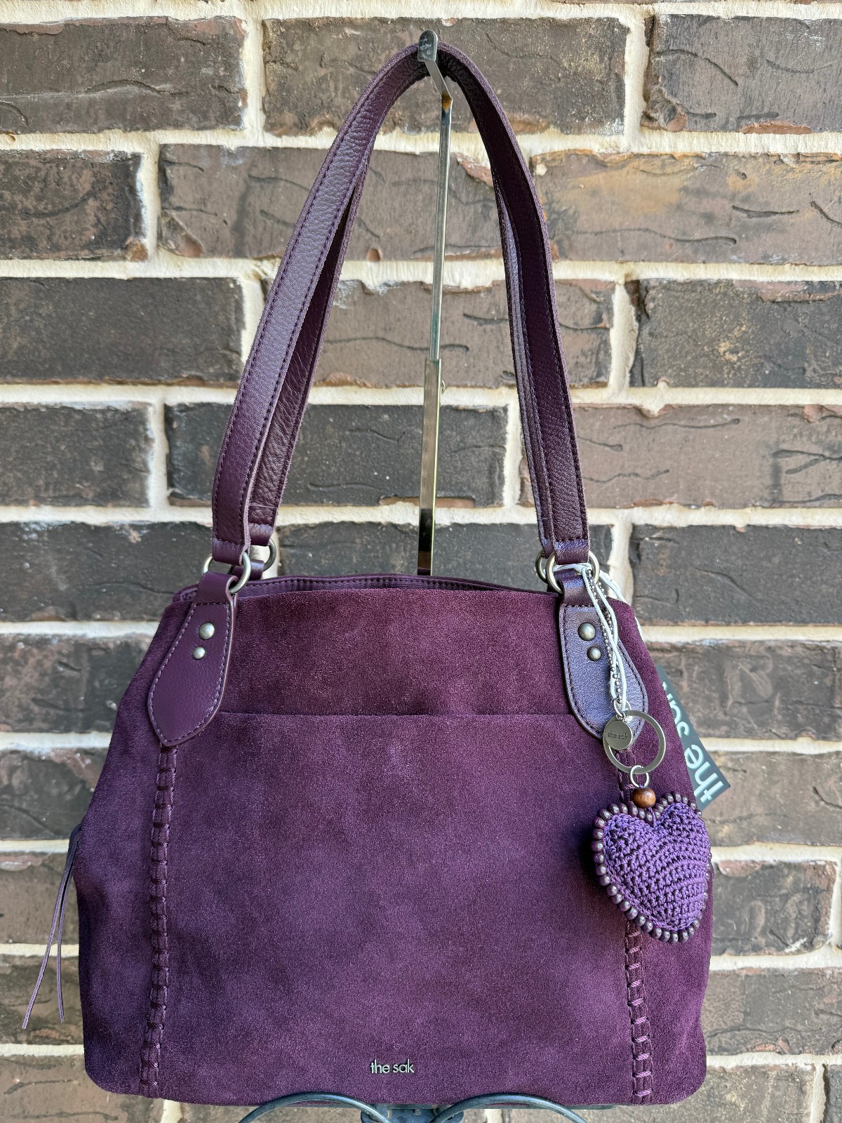 NWT The Sak Melrose Shoulder Satchel Suede leather Aubergine purple heart charm