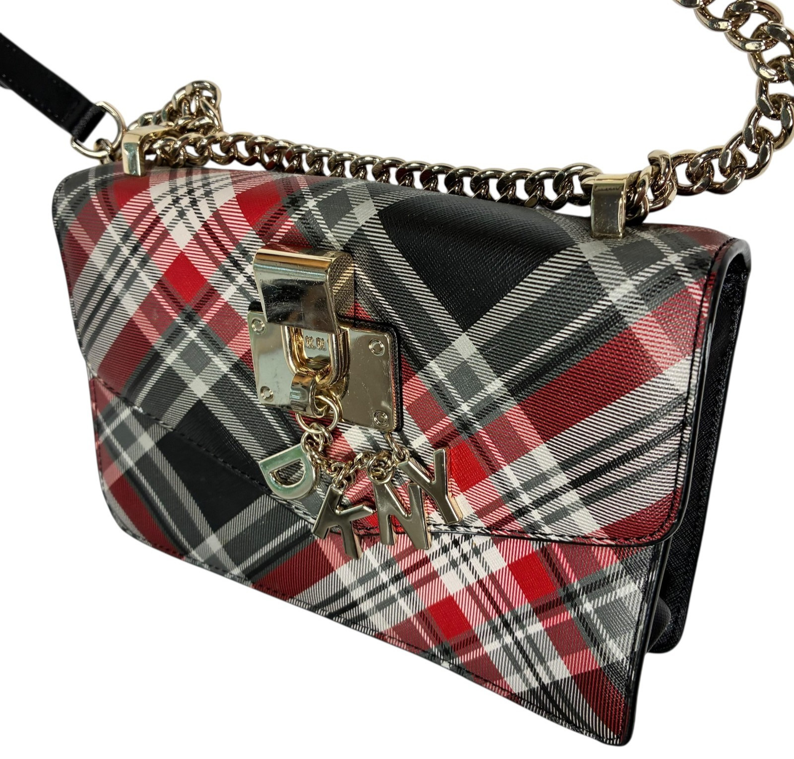 DKNY Elissa Red/Black Plaid Small Shoulder Bag Gold Chain Strap 8.5 x 7 in